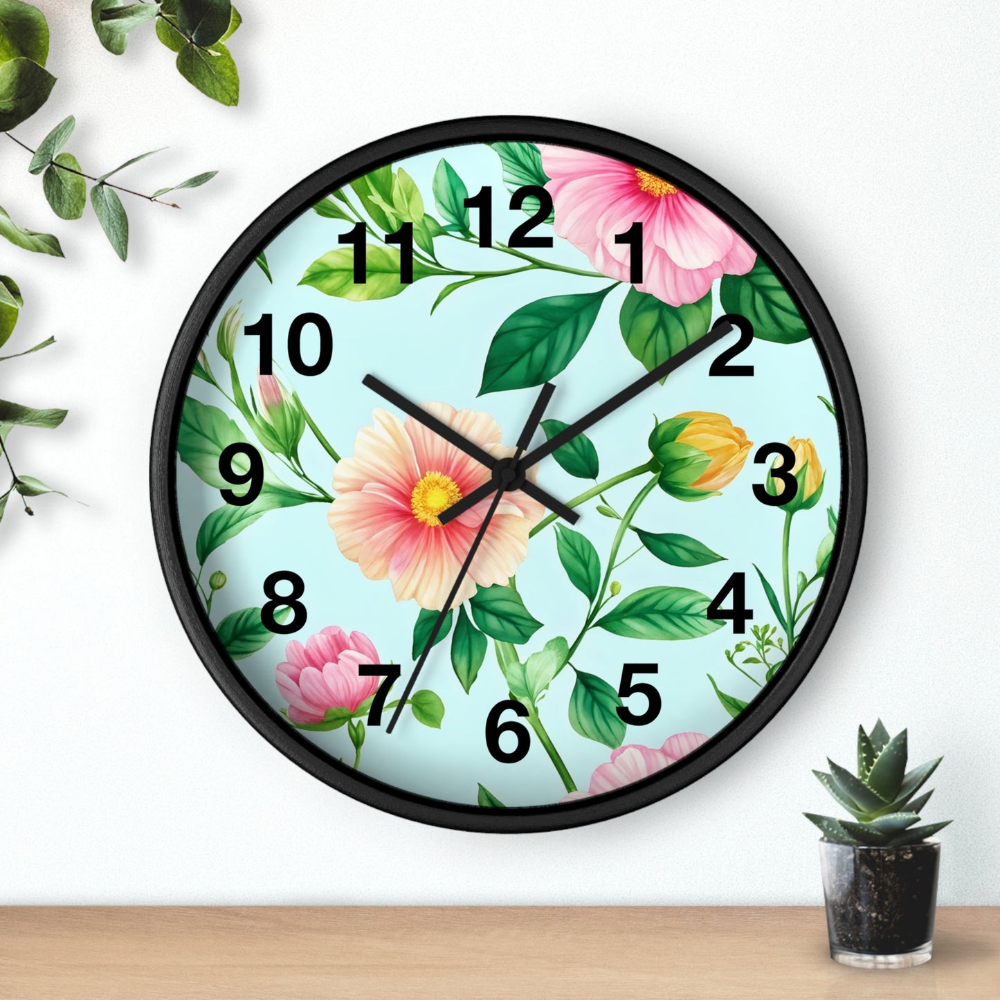 Floral Cottage Wall Clock — Pastel Pink & Green Garden Design