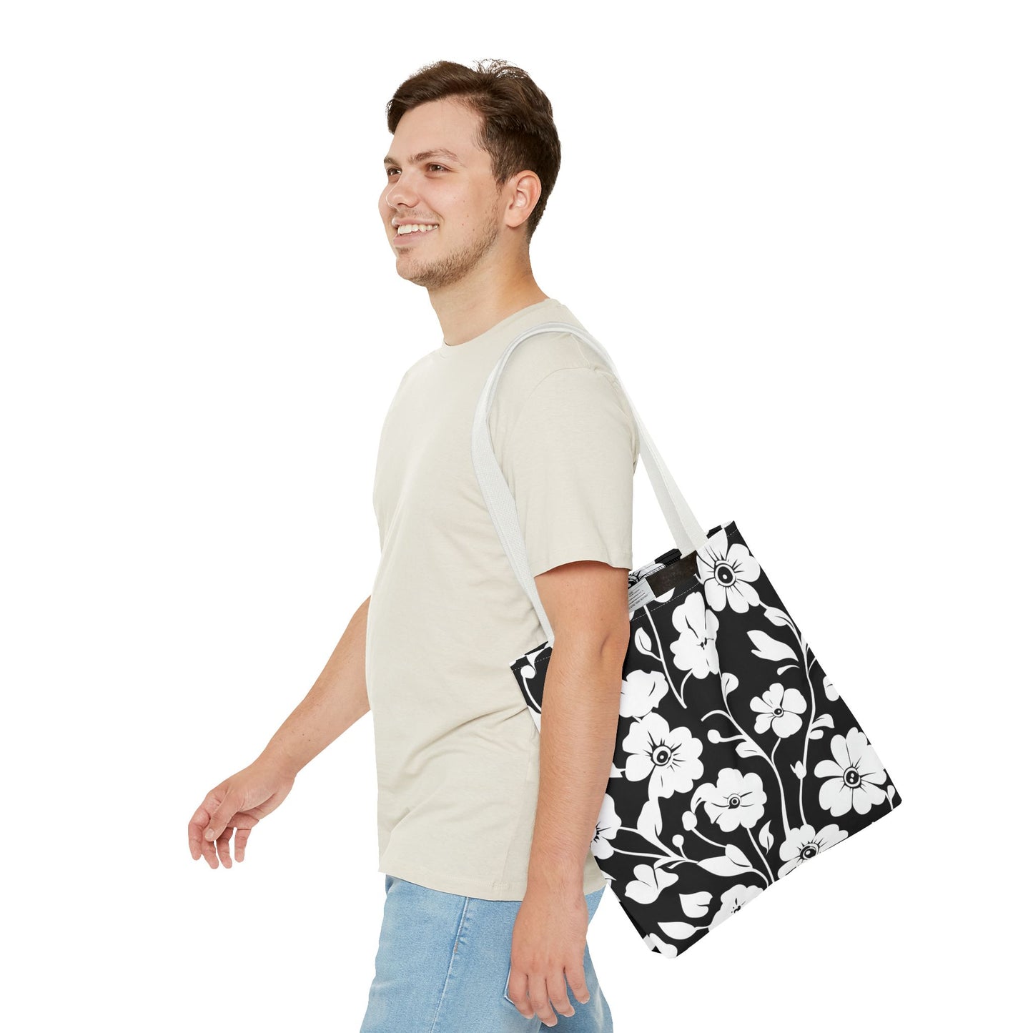 Elegant Floral Tote Bag, Black and White Tote, Eco-Friendly Shopping Bag