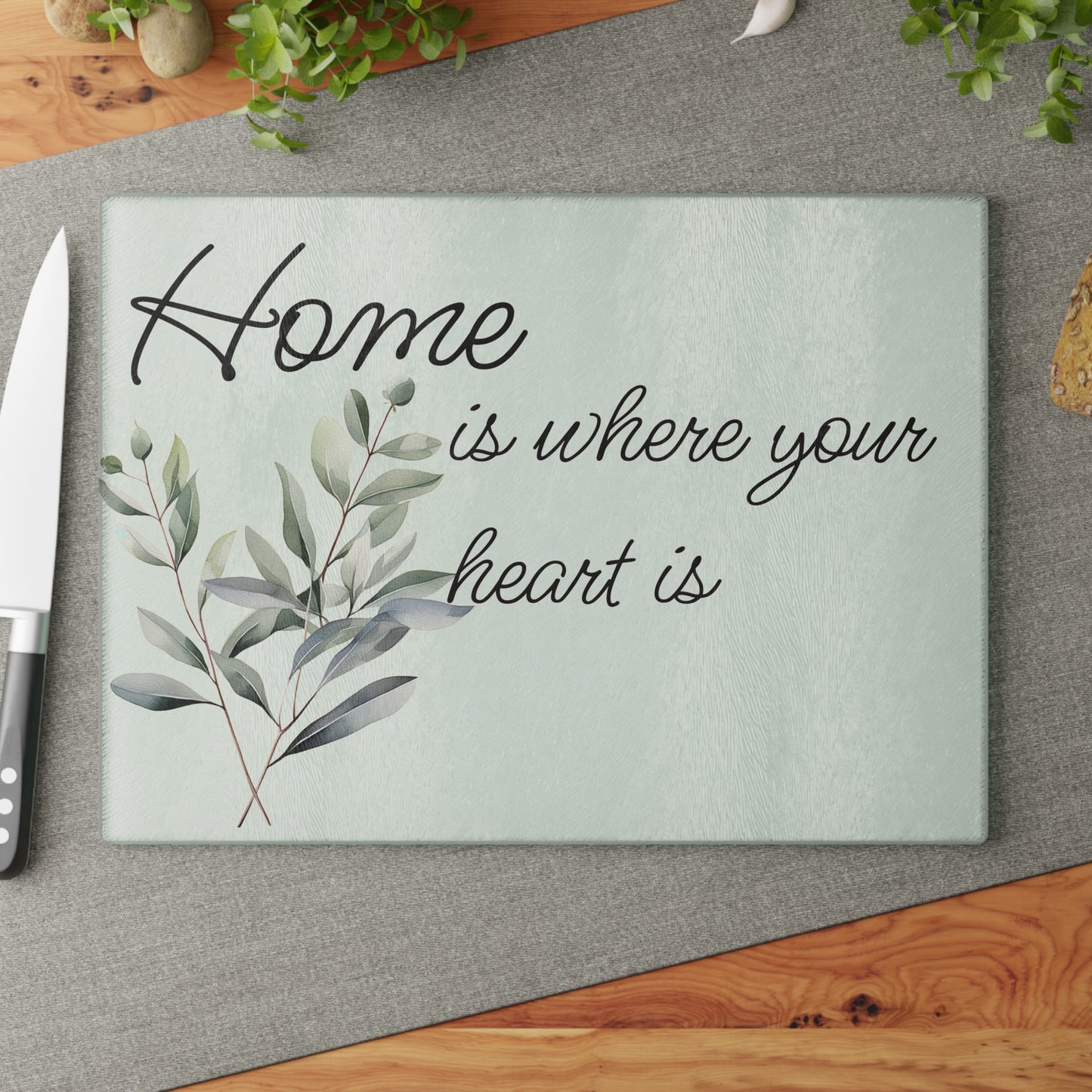 Home is Where Your Heart Is Glass Cutting Board, Kitchen Decor, Housewarming Gift, Wedding Present, Mother's Day Gift