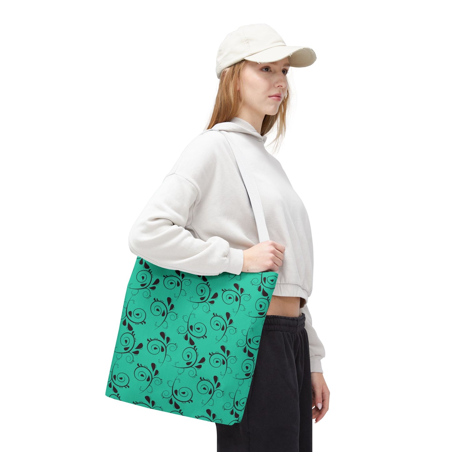 Turquoise Floral Swirl Tote Bag – All-Over Print Stylish Shopping Bag