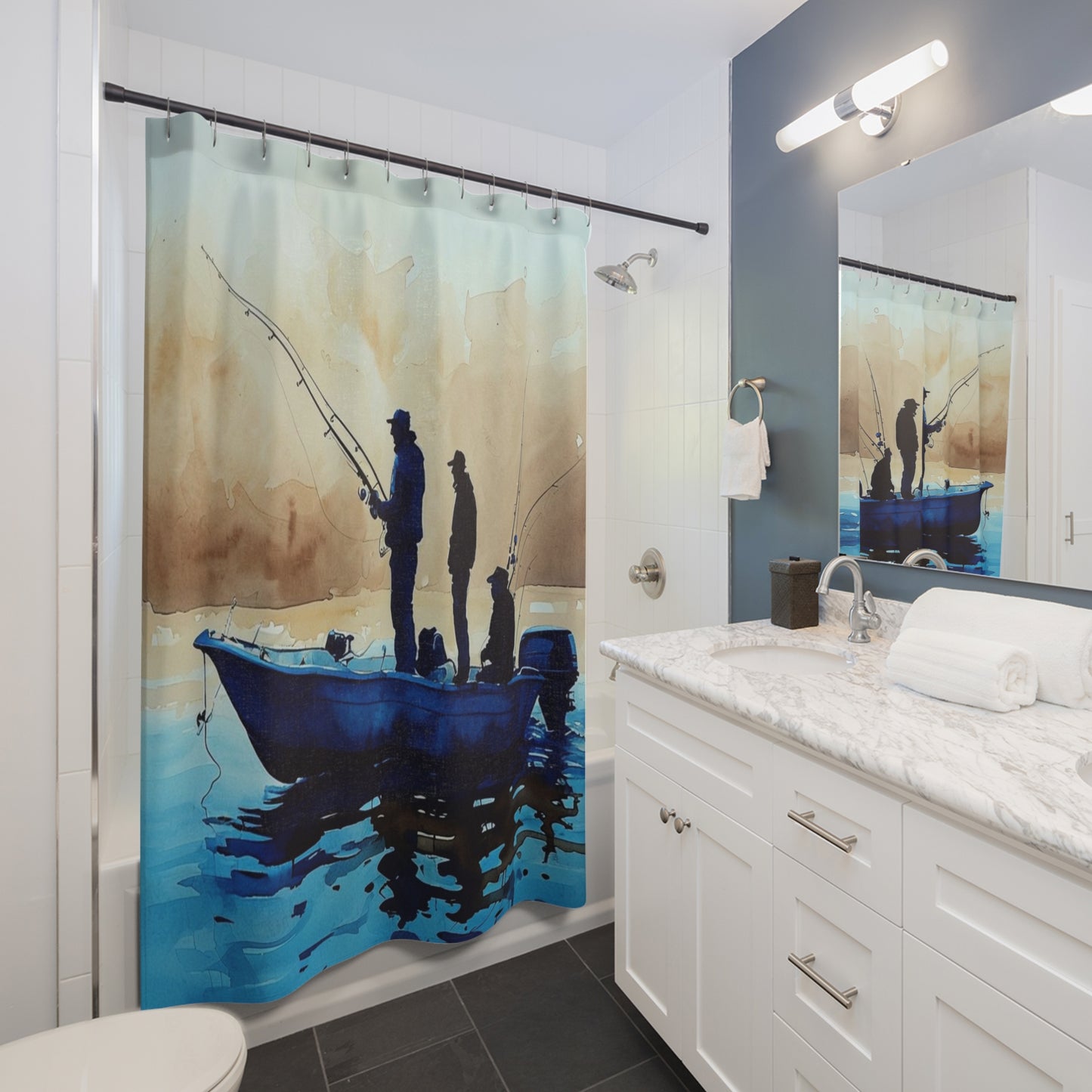 Fishing Adventure Shower Curtain, Nautical Decor, Coastal Bathroom