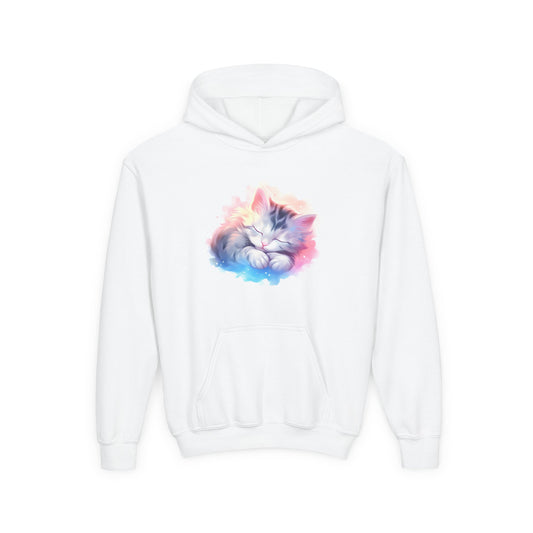 Kids' Cozy Rainbow Kitten Hoodie — Cute Sleeping Cat Youth Sweatshirt