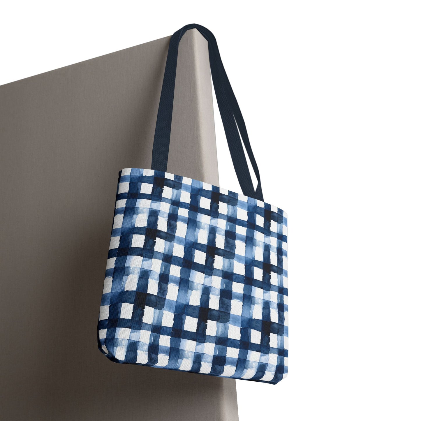 Blue Watercolor Plaid Tote Bag — Navy Check Pattern All-Over Print