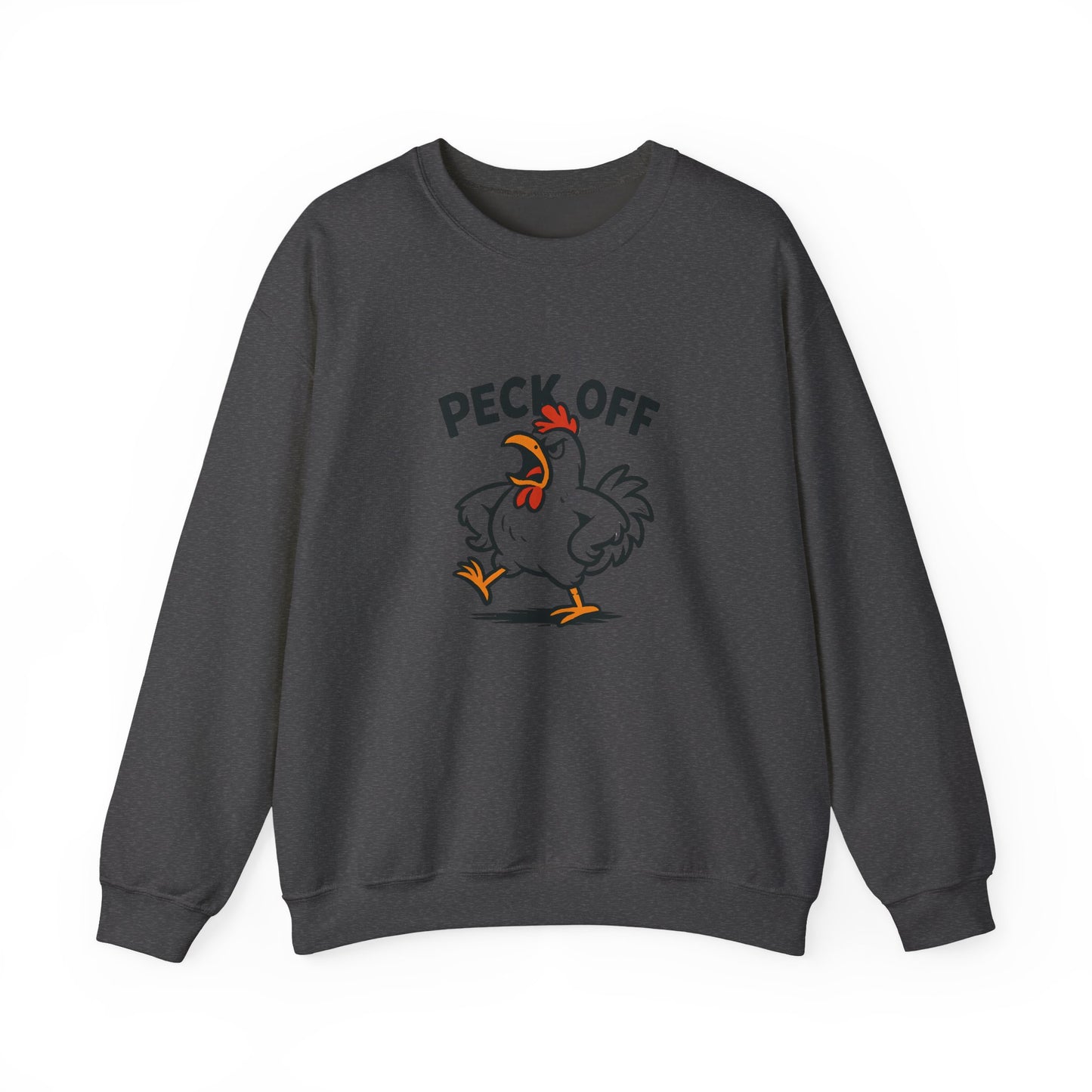 Crewneck Sweatshirt — 'Peck Off' Funny Angry Chicken Graphic