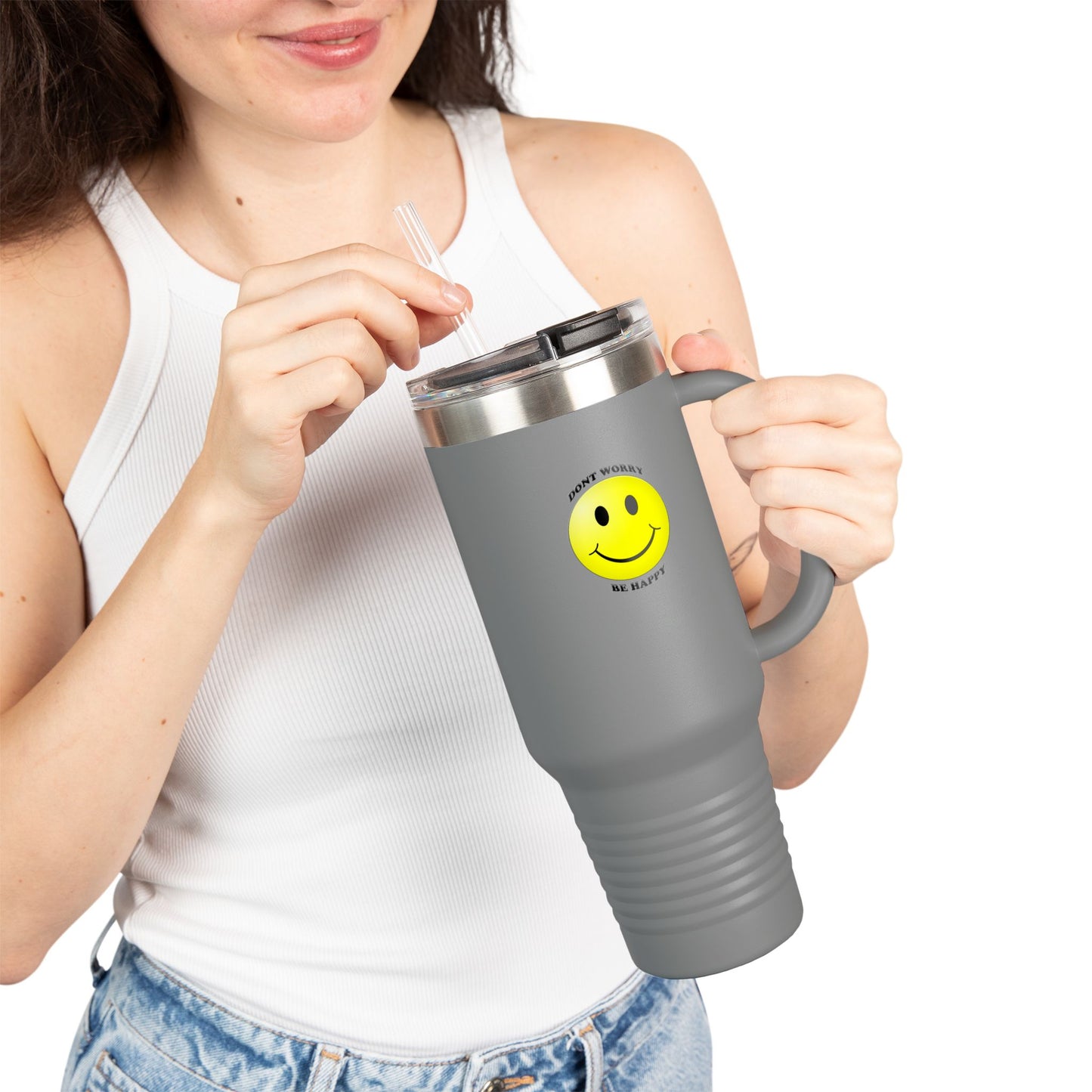 Happy Face Insulated Travel Mug | 40oz, Summer Vibes, Gift for Coffee Lovers, Home Office Essential, Brighten Your Day