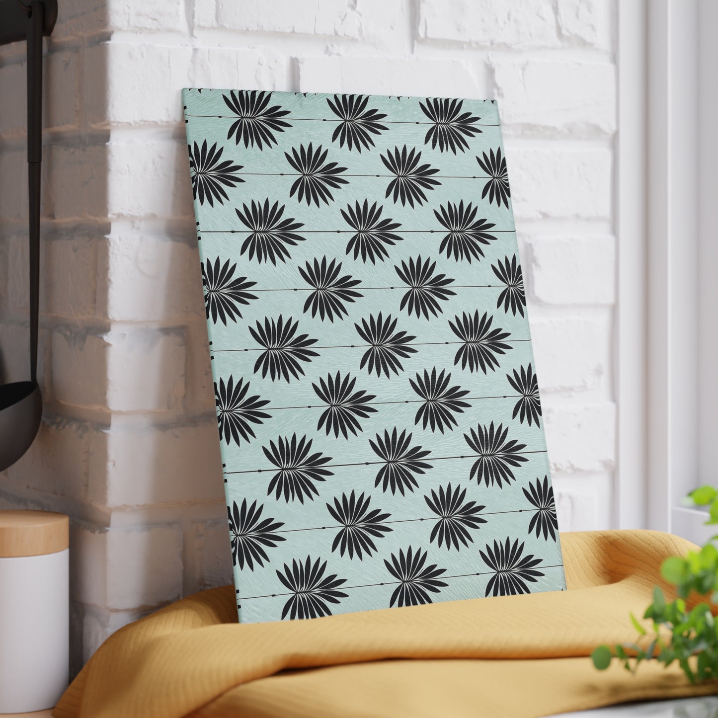 Palm Leaf Glass Cutting Board — Modern Mint Patterned Kitchen Board