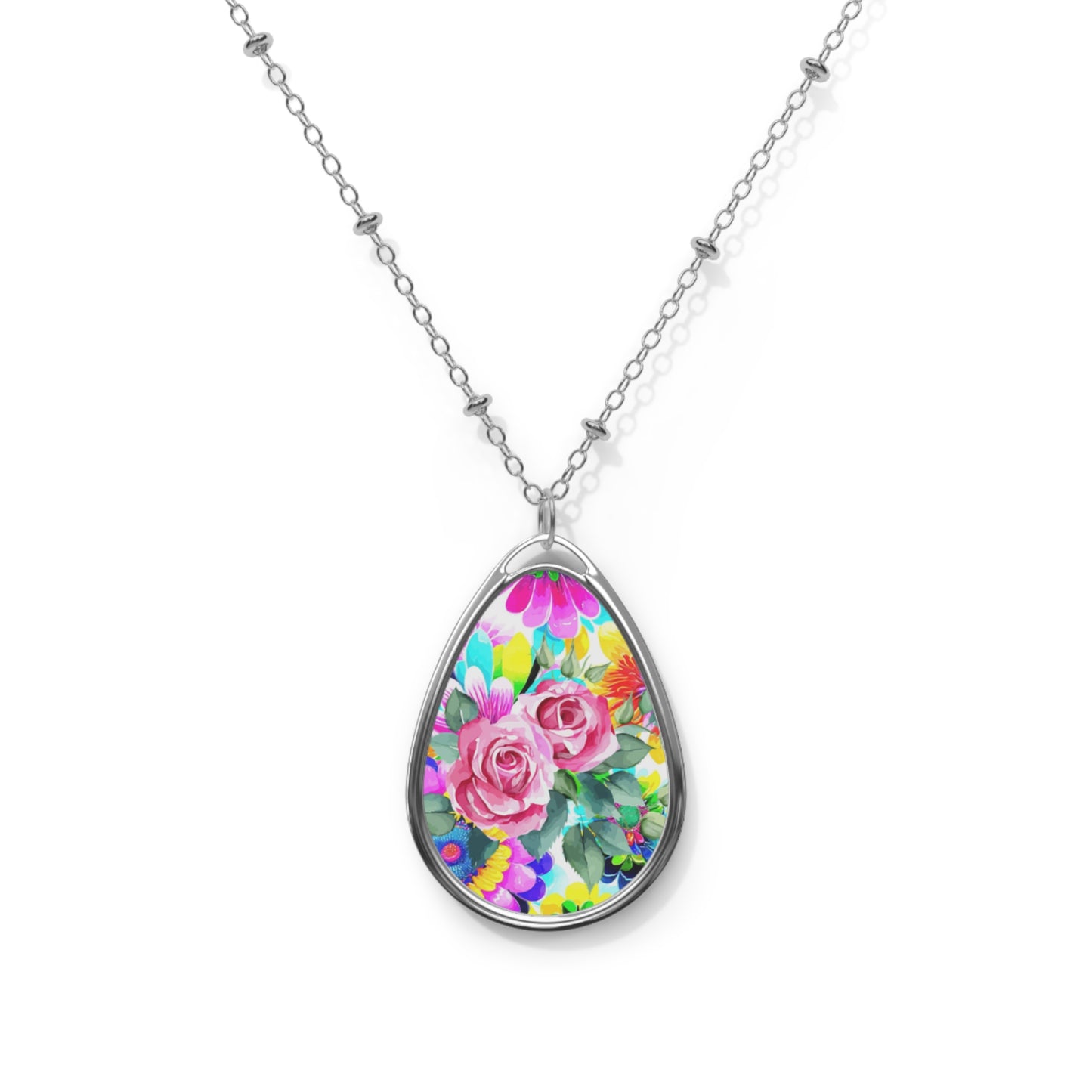 Colorful Floral Oval Necklace, Boho Jewelry, Gift for Her, Summer Accessory, Handmade Necklace, Birthday Gift