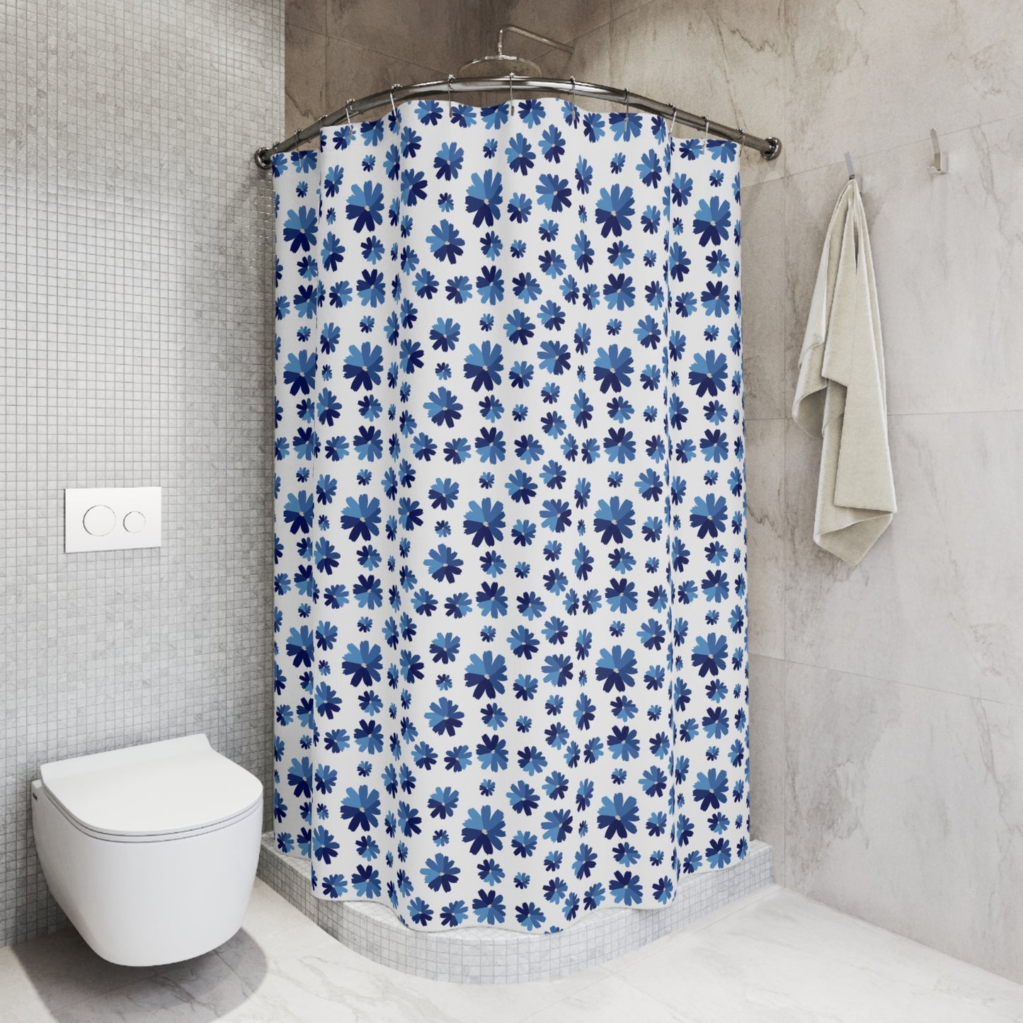 Floral Print Shower Curtain - Vibrant Bathroom Decor, Blue and White, Modern Home Accessory, Gift Idea for Housewarming, Nature Inspired