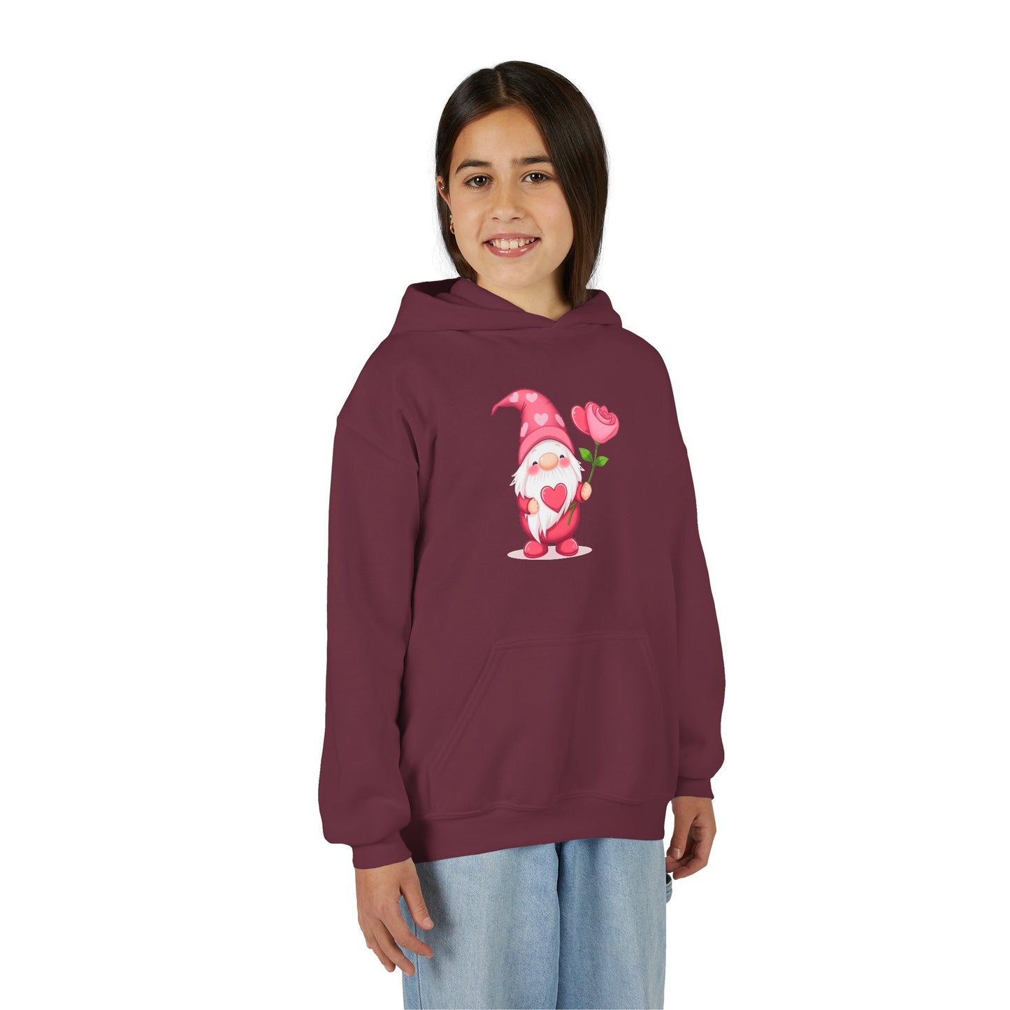 Valentine Gnome Kids Hoodie — Cute Pink Gnome Holding Rose Youth Sweatshirt