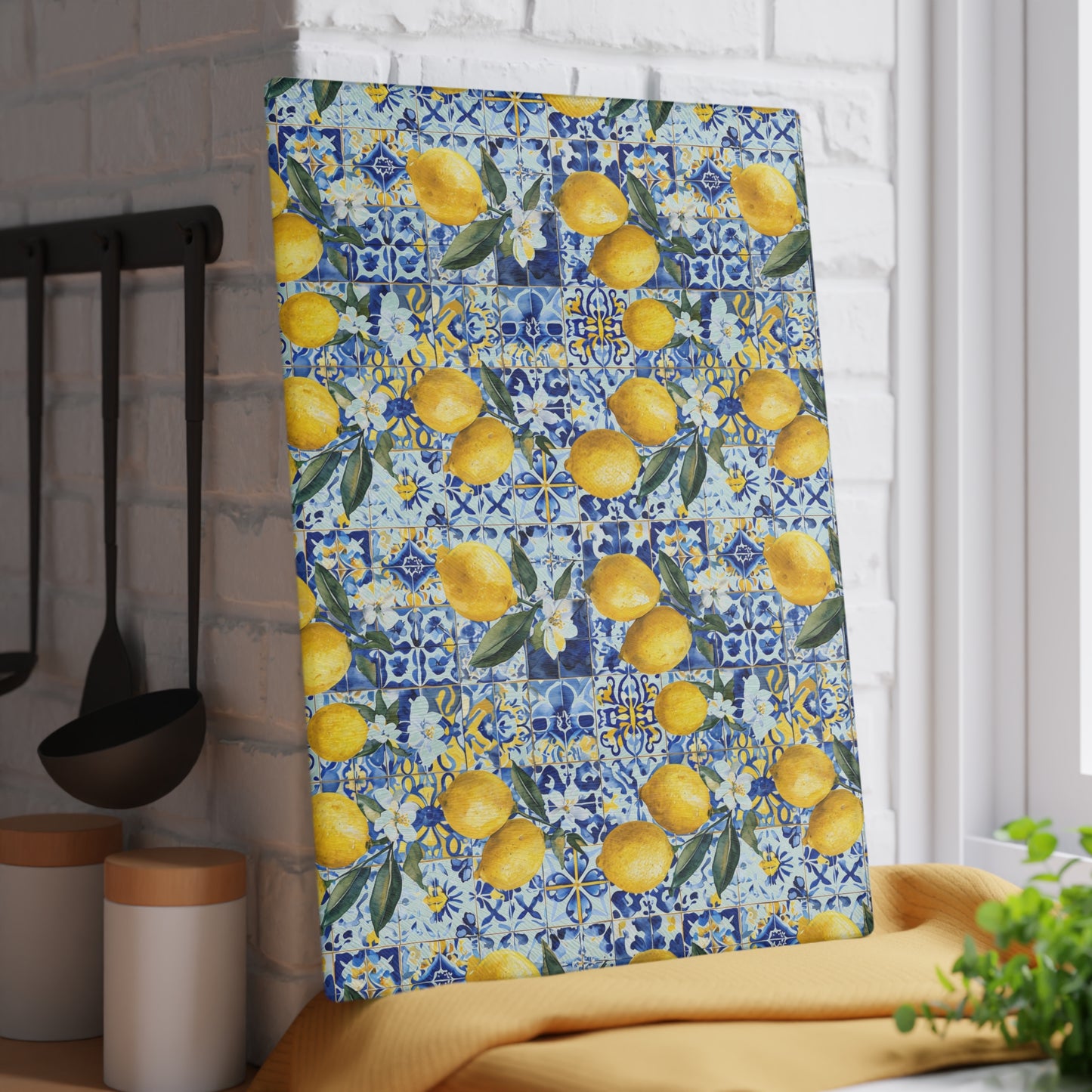 Lemon Tile Glass Cutting Board – Mediterranean Citrus Kitchen Decor