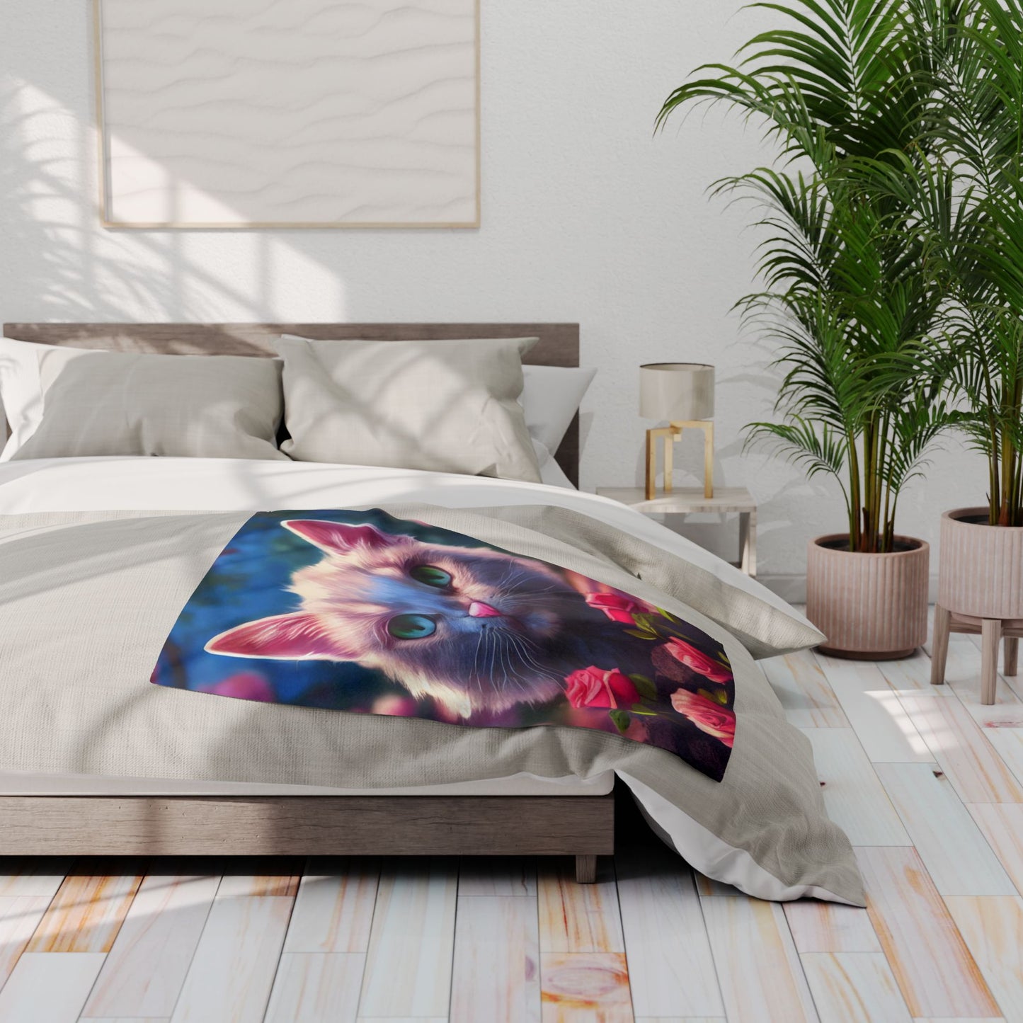 Cozy Cat-Themed Fleece Blanket, Cute Cat Gift, Floral Throw Blanket, Pet Lover Decor, Cat Lover Gift, Home Comforts