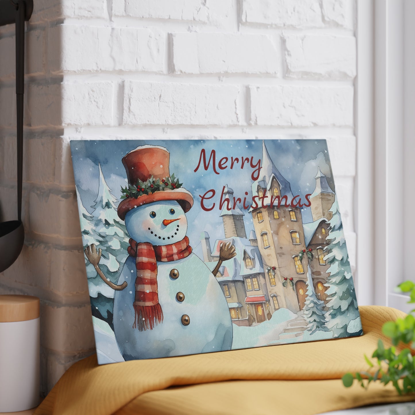 Merry Christmas Snowman Glass Cutting Board – Festive Holiday Kitchen Decor