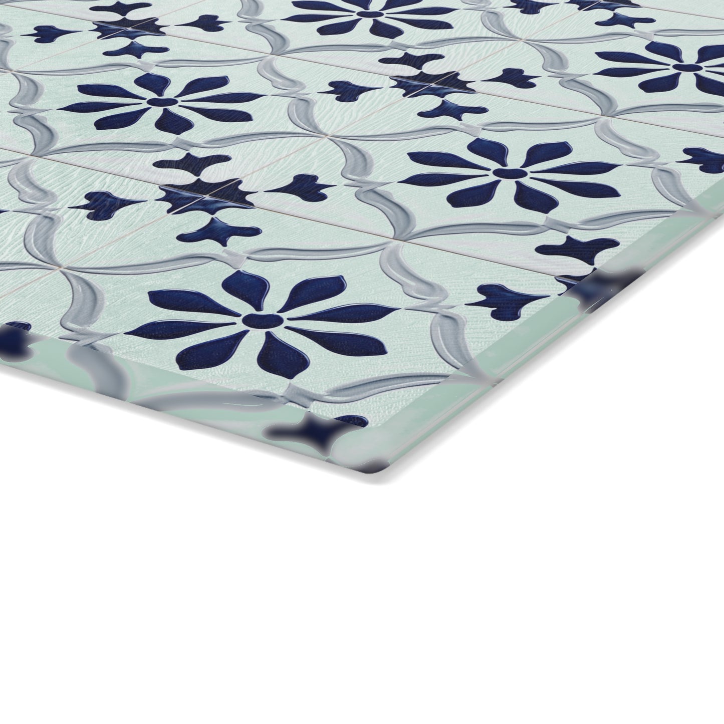 Floral Tile Glass Cutting Board — Blue Patterned Kitchen Trivet