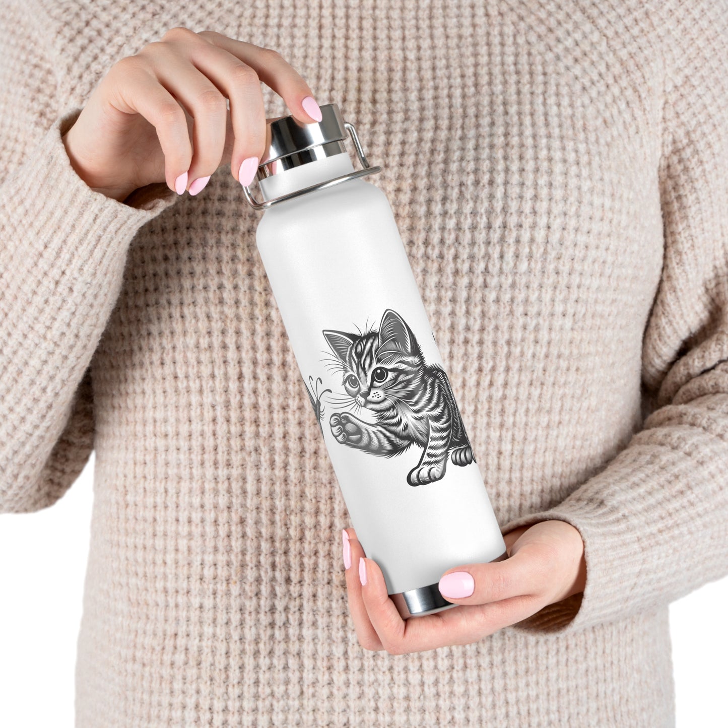 Cat and Butterfly Insulated Water Bottle, Cute Animal Flask, Travel Mug, Gift for Cat Lovers, Eco-Friendly Beverage Container