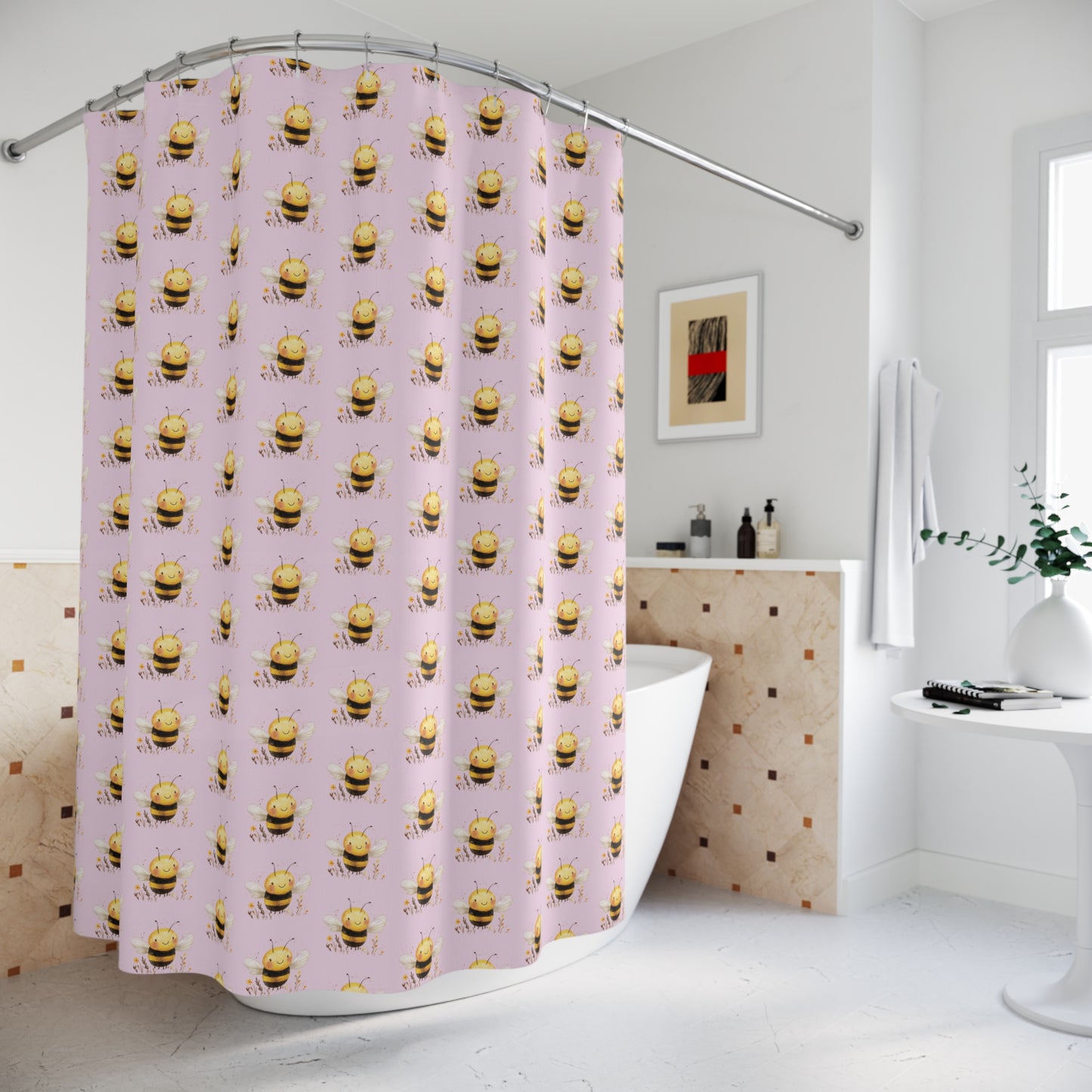 Cute Bee Shower Curtain, Bathroom Decor, Bee Themed Gift, Floral Shower Curtain, Insect Patterned Curtain, Kids Bathroom Ideas