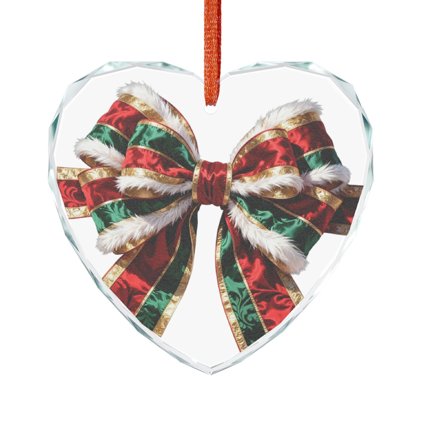 Crystal Heart Ornament — Festive Red & Green Holiday Bow