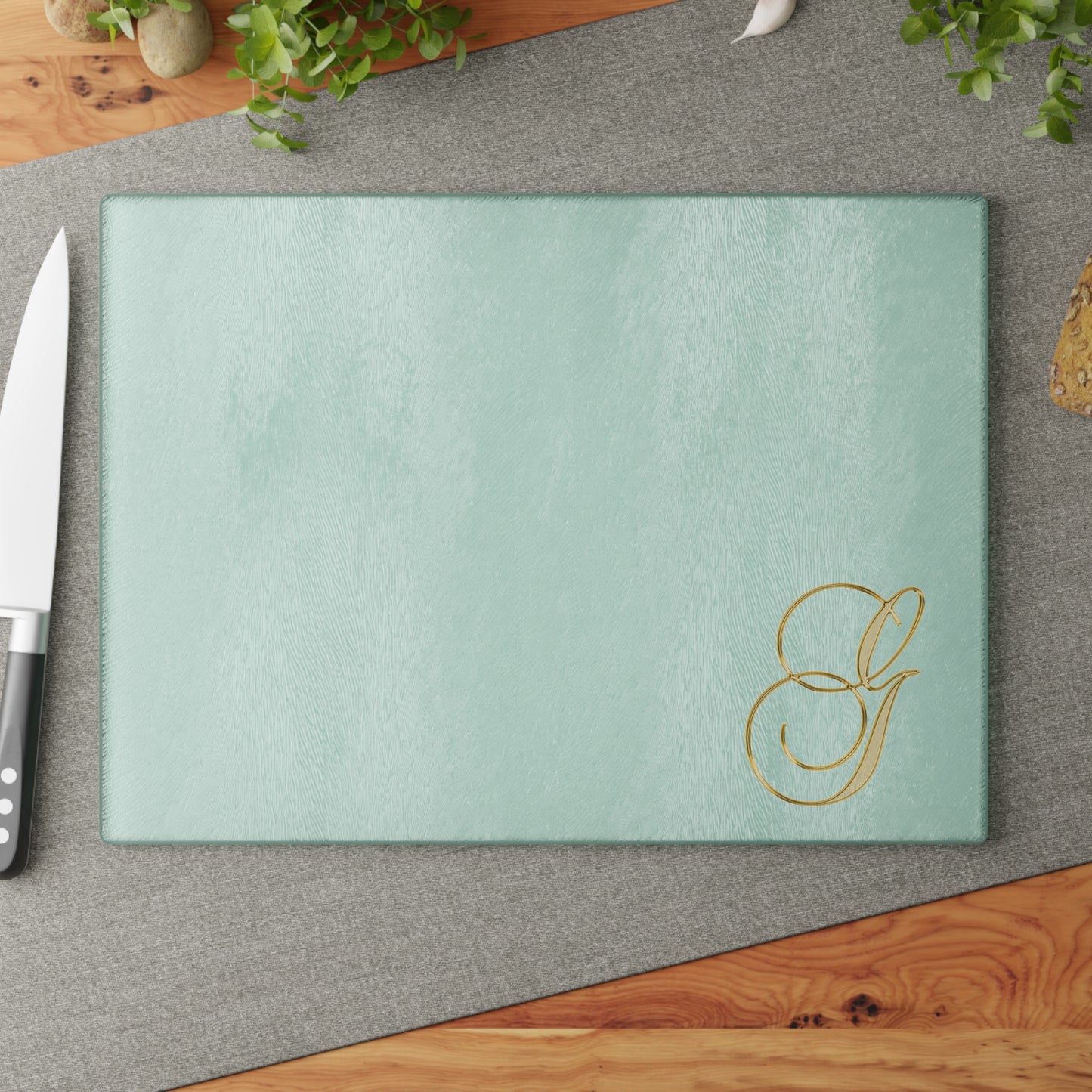 Monogram Glass Cutting Board – Elegant Mint or Clear Kitchen Chopping Board with Gold Script "G"
