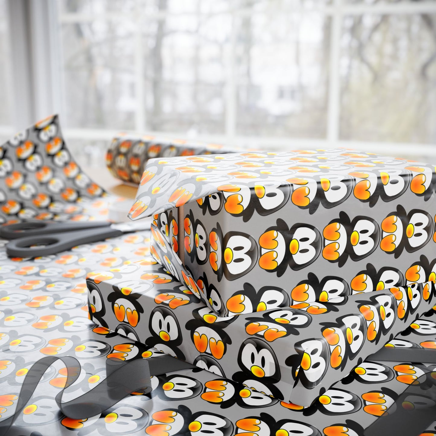 Wrapping Paper — Retro Floral Black & Orange Pattern Roll