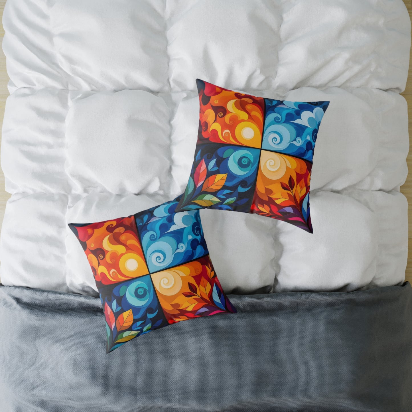 Abstract Seasons Square Pillow — Colorful Four-Panel Decorative Throw Pillow