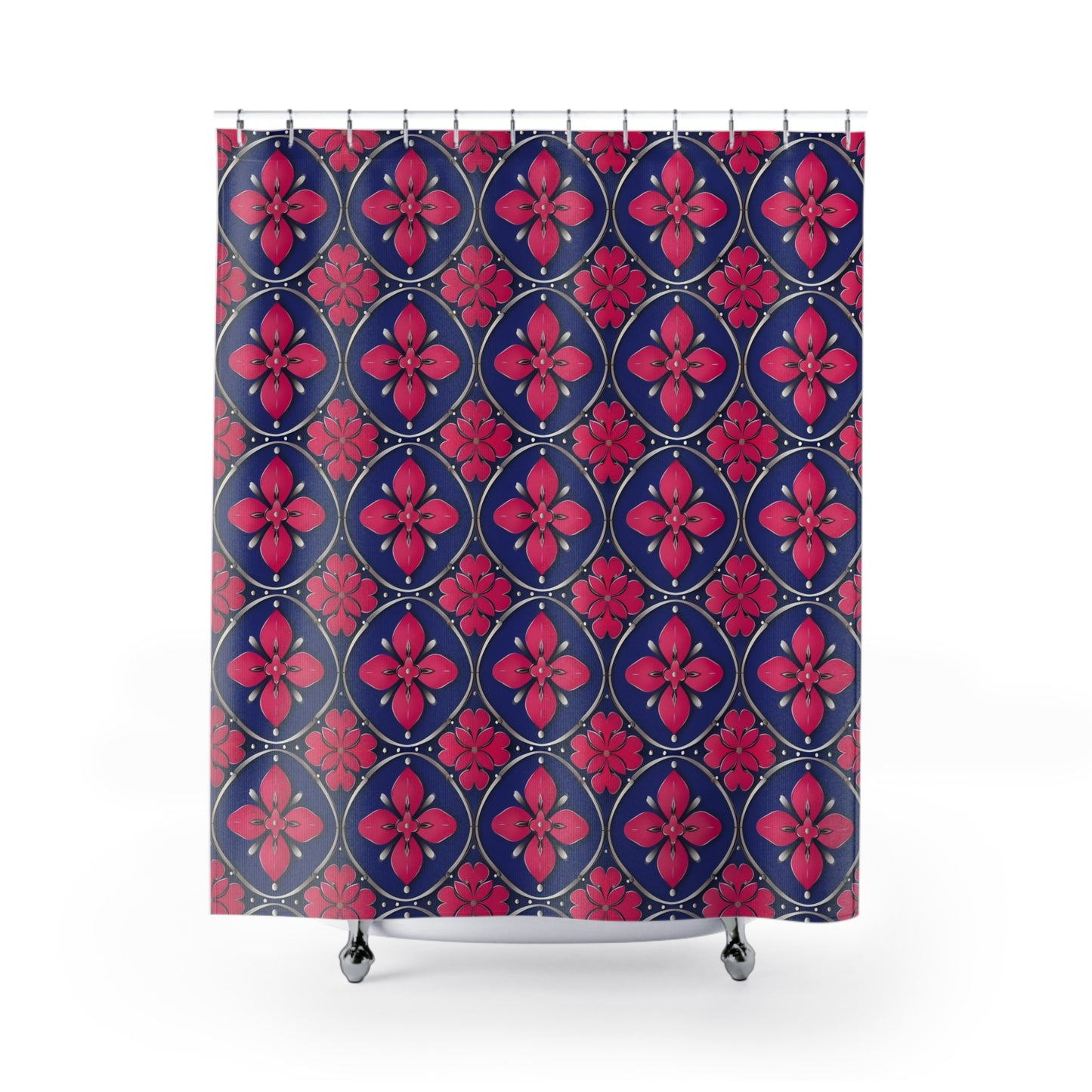 Floral Tile Shower Curtain — Navy & Fuchsia Patterned Bath Decor