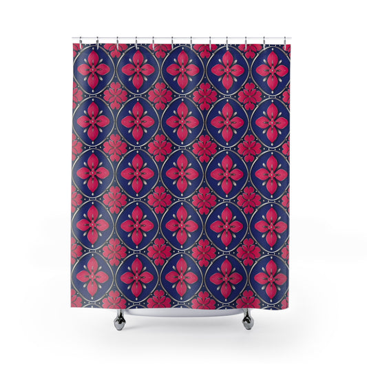 Floral Tile Shower Curtain — Navy & Fuchsia Patterned Bath Decor