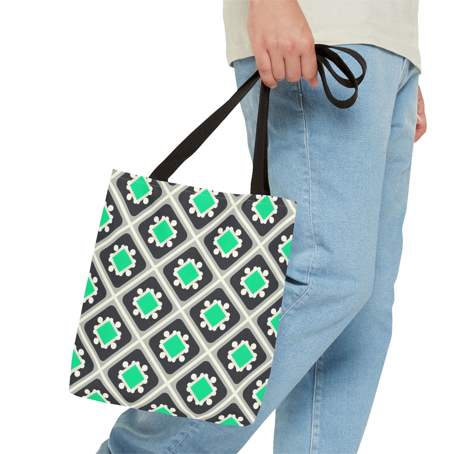 Geometric Mint Tile Tote Bag — Patterned All-Over-Print Shopper