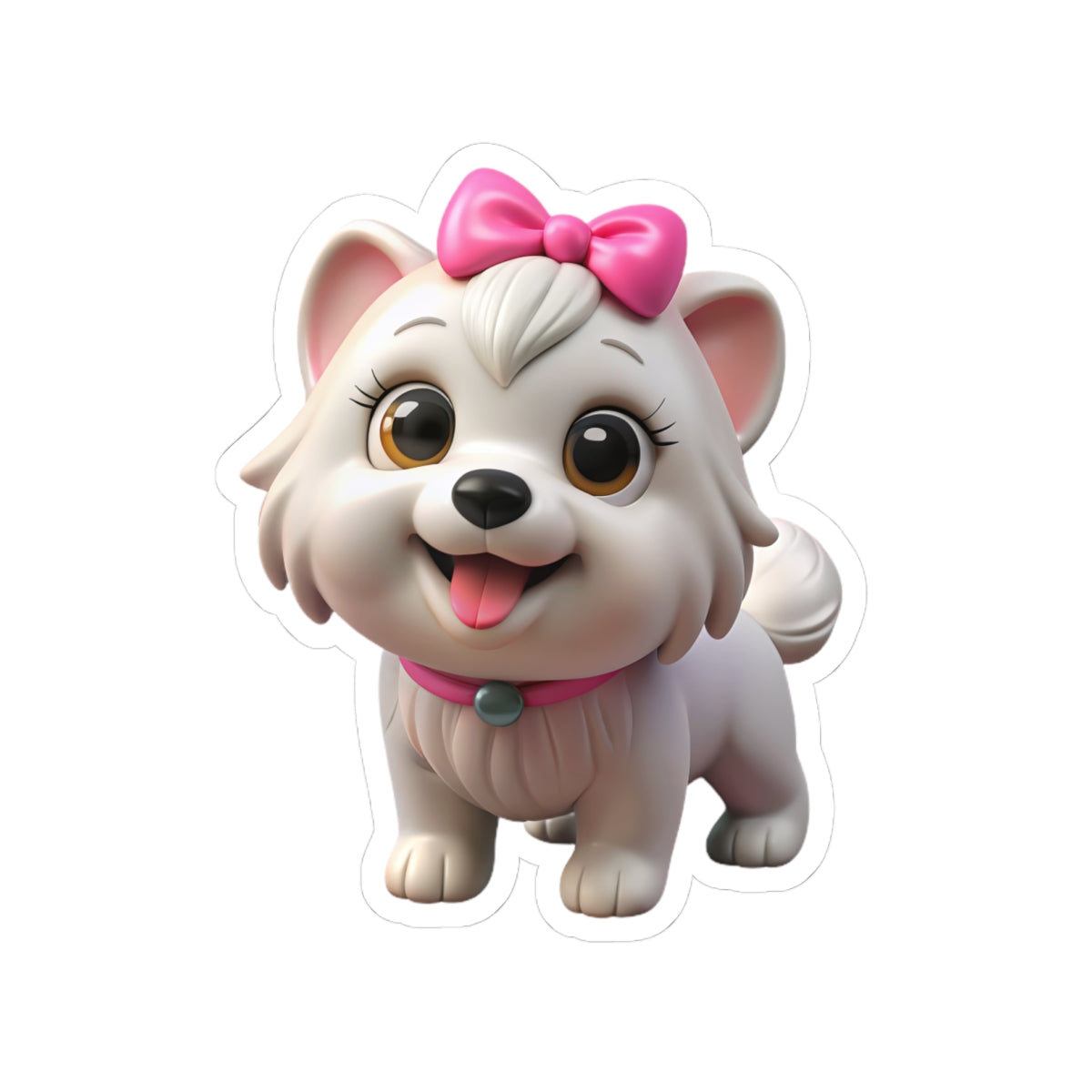 Cute White Puppy Kiss-Cut Sticker — Adorable Bow-Wearing Dog Laptop Decal