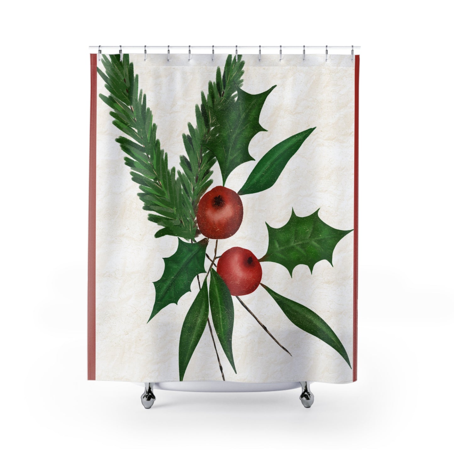 Christmas Shower Curtain with Holly and Berries, Festive Bathroom Decor for Holiday Hosting, Winter Home Decoration, Seasonal Gift Idea