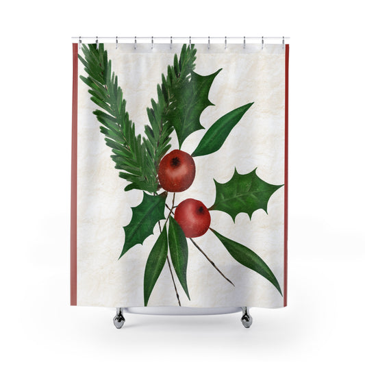 Christmas Shower Curtain with Holly and Berries, Festive Bathroom Decor for Holiday Hosting, Winter Home Decoration, Seasonal Gift Idea