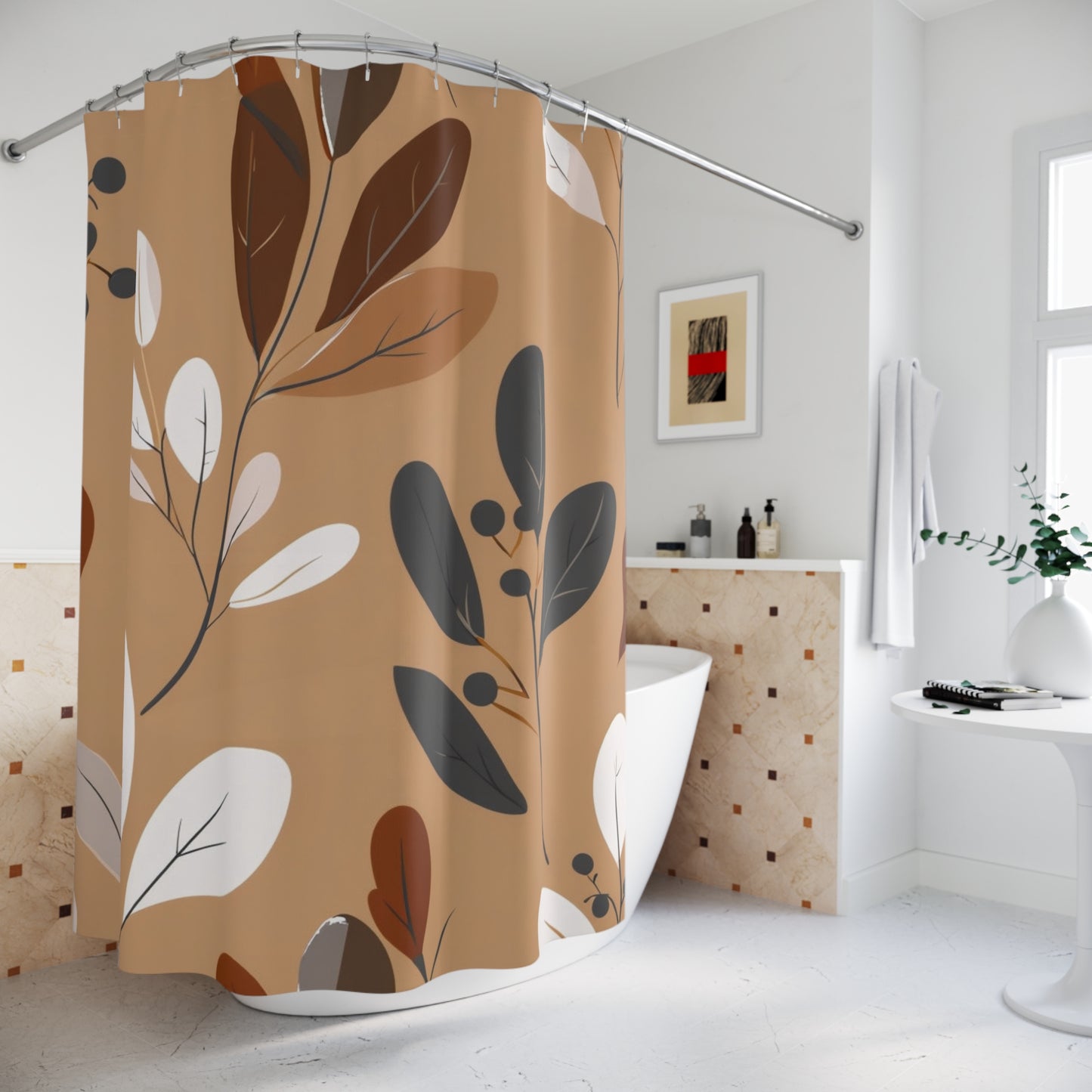 Botanical Brown Leaf Shower Curtain — Neutral Autumn Floral Bath Decor