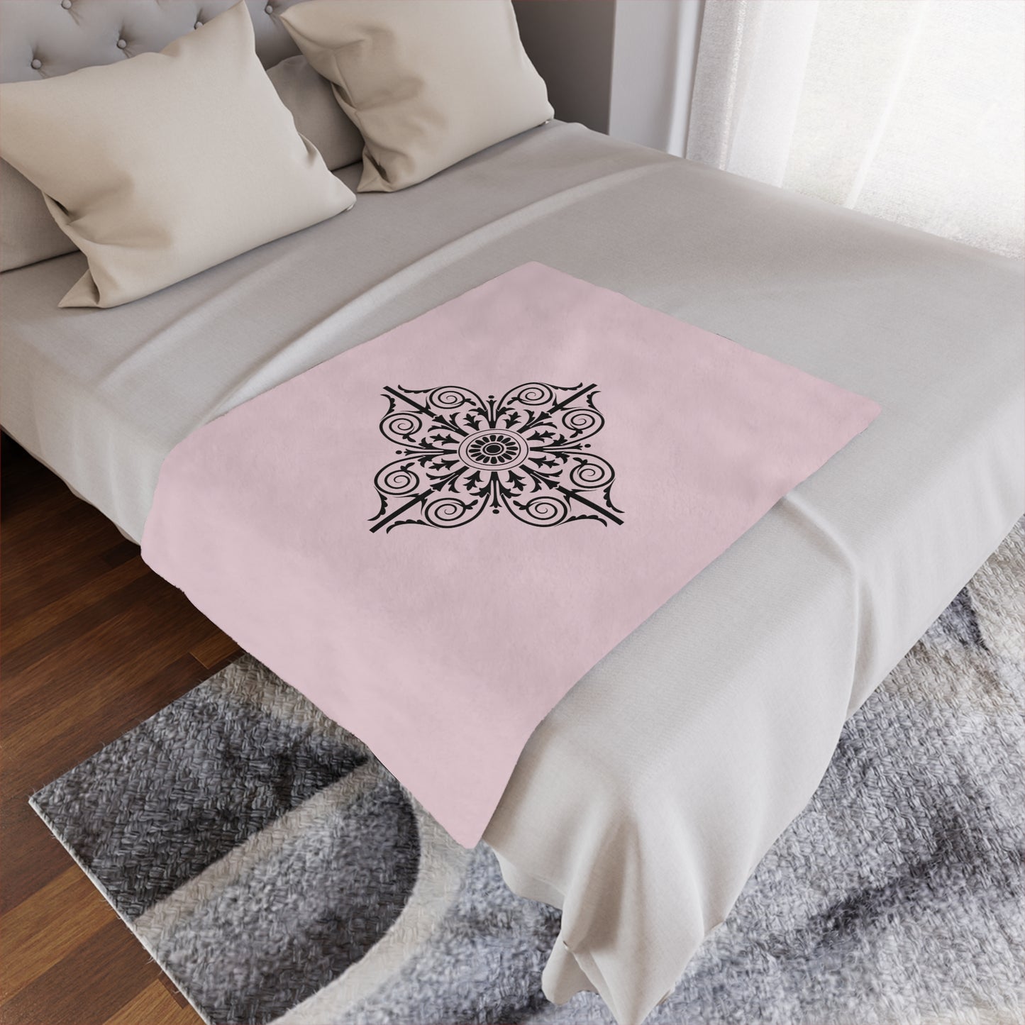 Pink Minky Blanket with Black Ornate Medallion – Decorative Cozy Throw