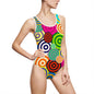 Vibrant Women's One-Piece Swimsuit with Colorful Circle Design, Summer Swimwear, Pool Party Outfit, Beachwear, Summer Fashion