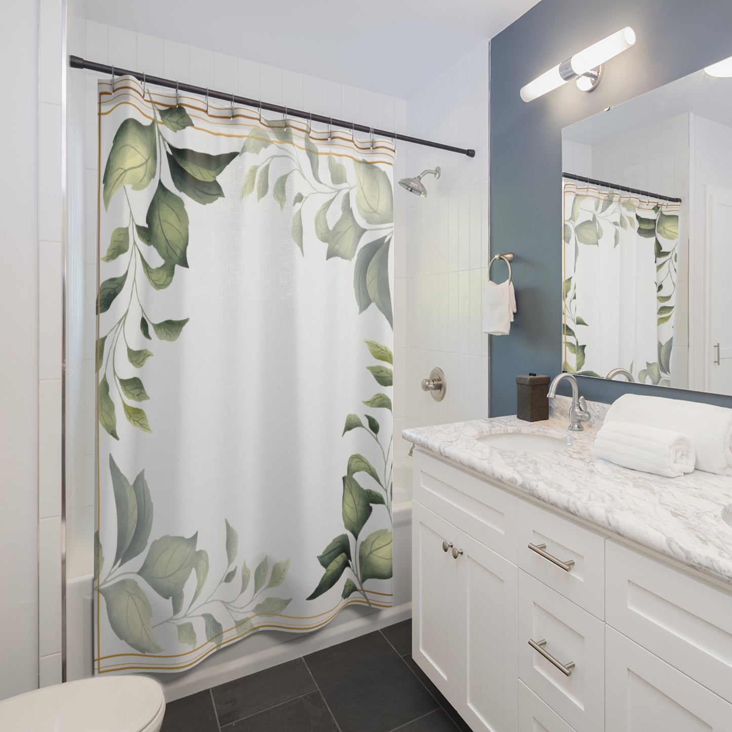 Botanical Leaf Shower Curtain – Green Watercolor Foliage Bathroom Decor