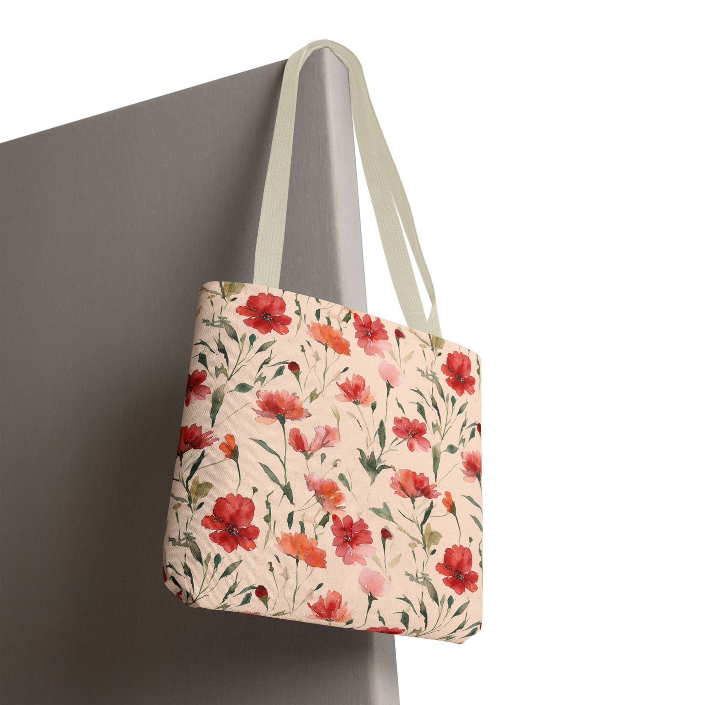 Floral Watercolor Tote Bag — Pink Red Poppy Pattern All-Over Print