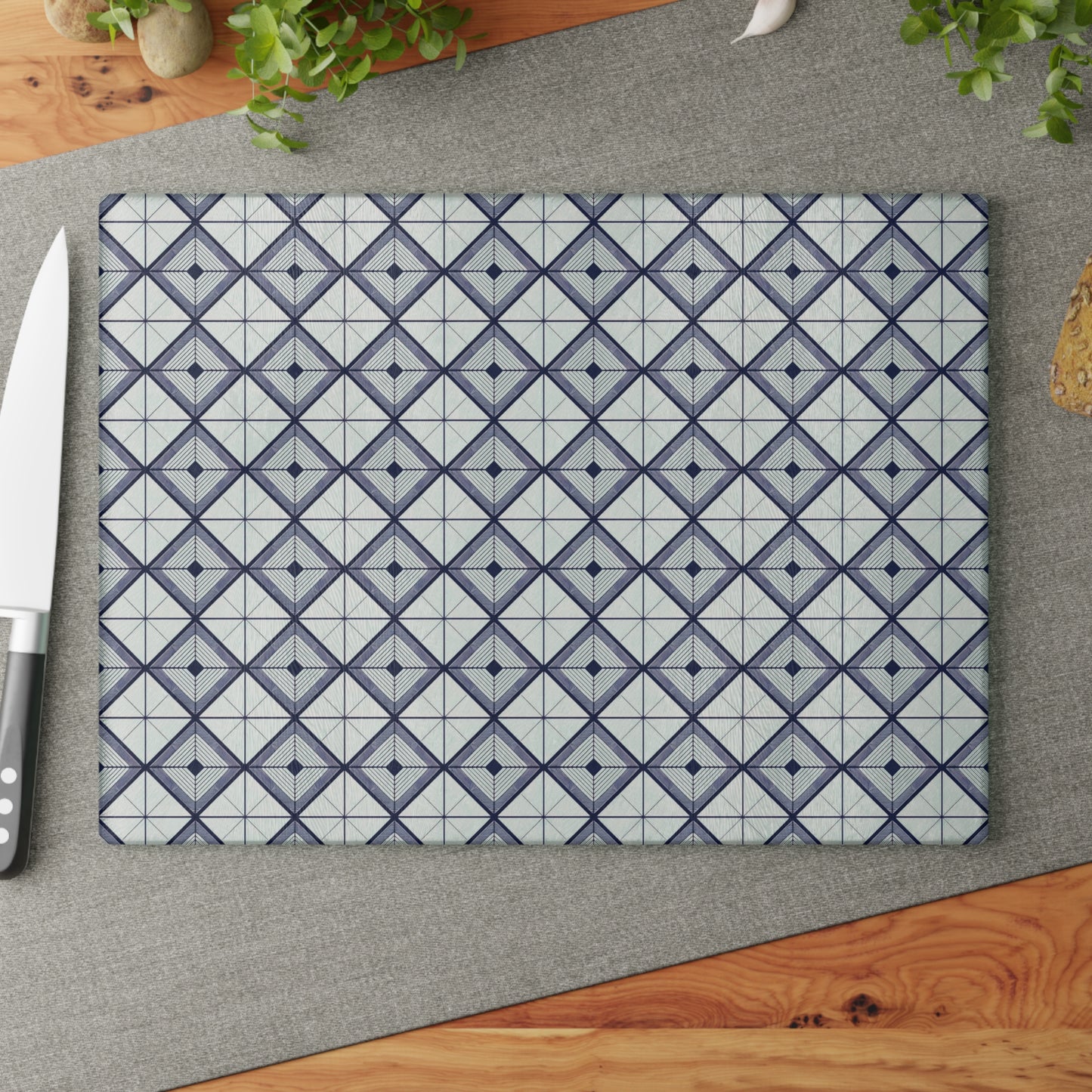 Geometric Slate Glass Cutting Board — Navy Diamond Tile Pattern