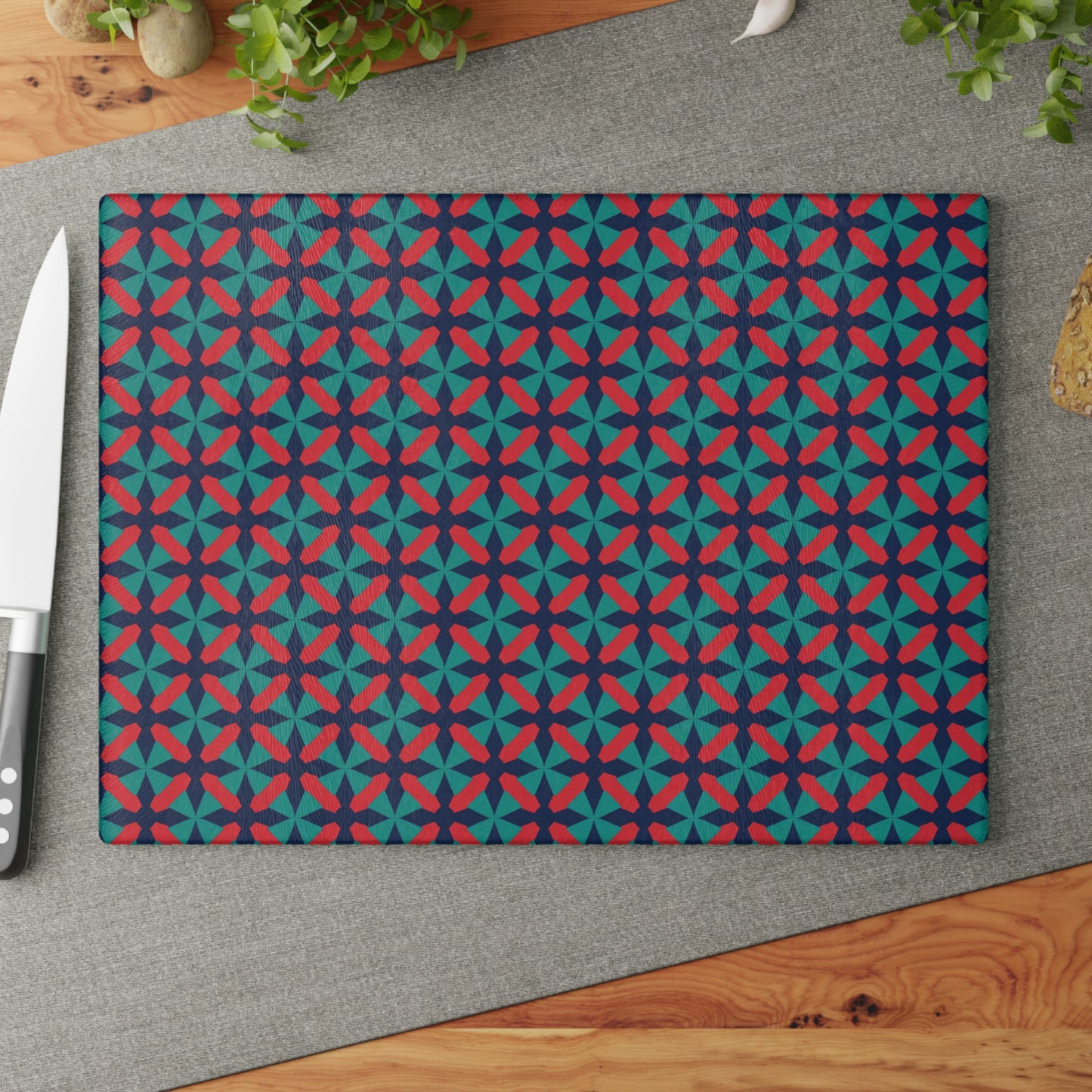 Geometric Star Tile Glass Cutting Board — Red & Teal Kitchen Decor
