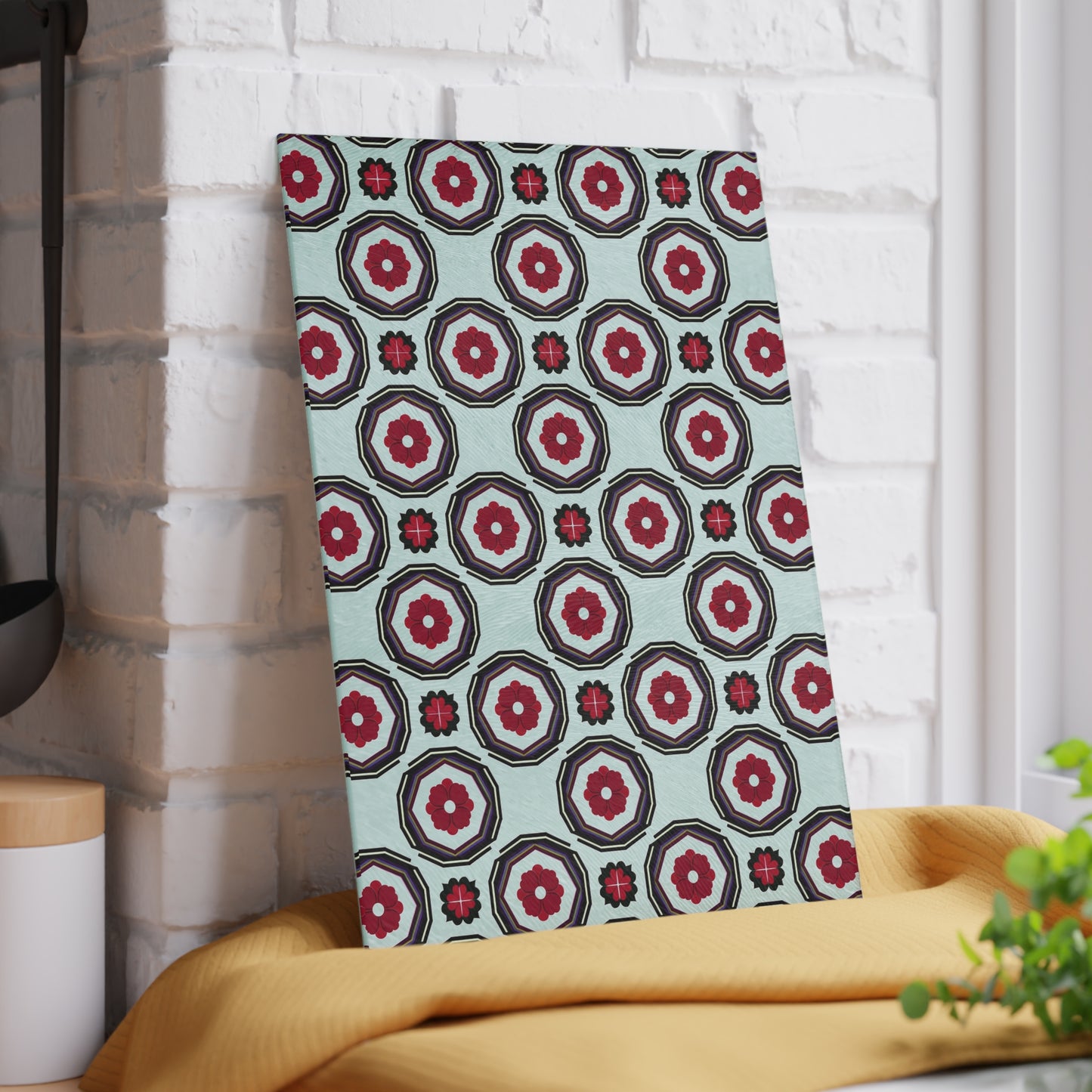 Retro Geometric Glass Cutting Board — Mint & Burgundy Pattern