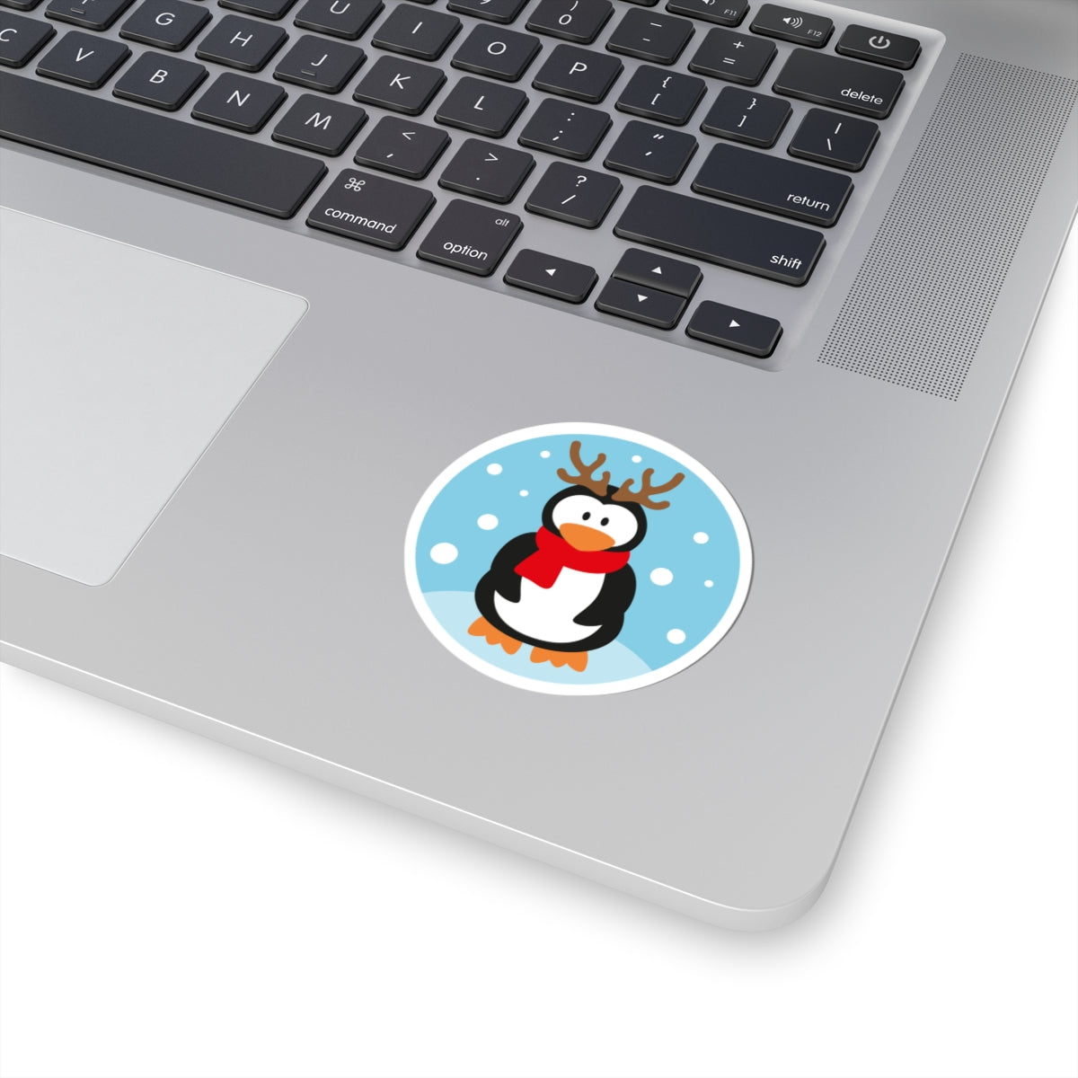 Cute Penguin with Reindeer Antlers Kiss-Cut Sticker — Winter Holiday Snow Scene