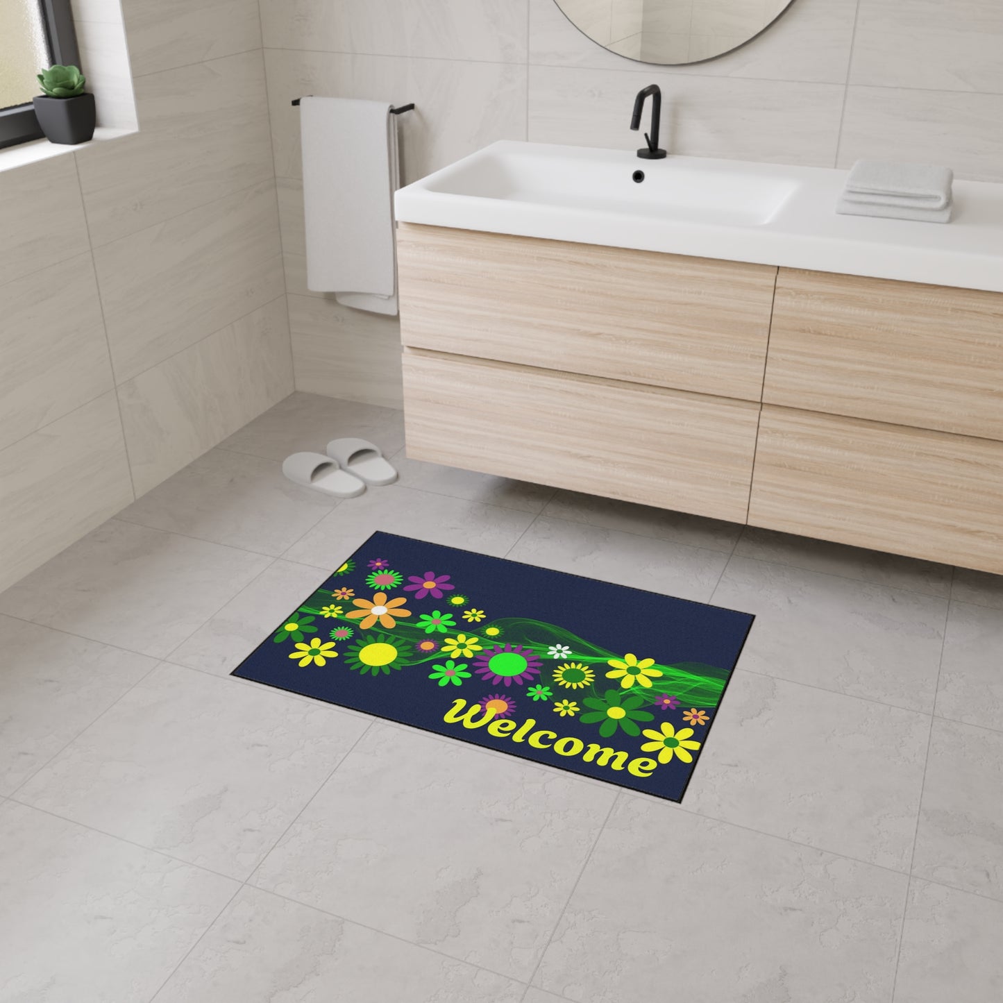 Welcome Floral Heavy-Duty Floor Mat — Colorful Spring Flowers Door Mat