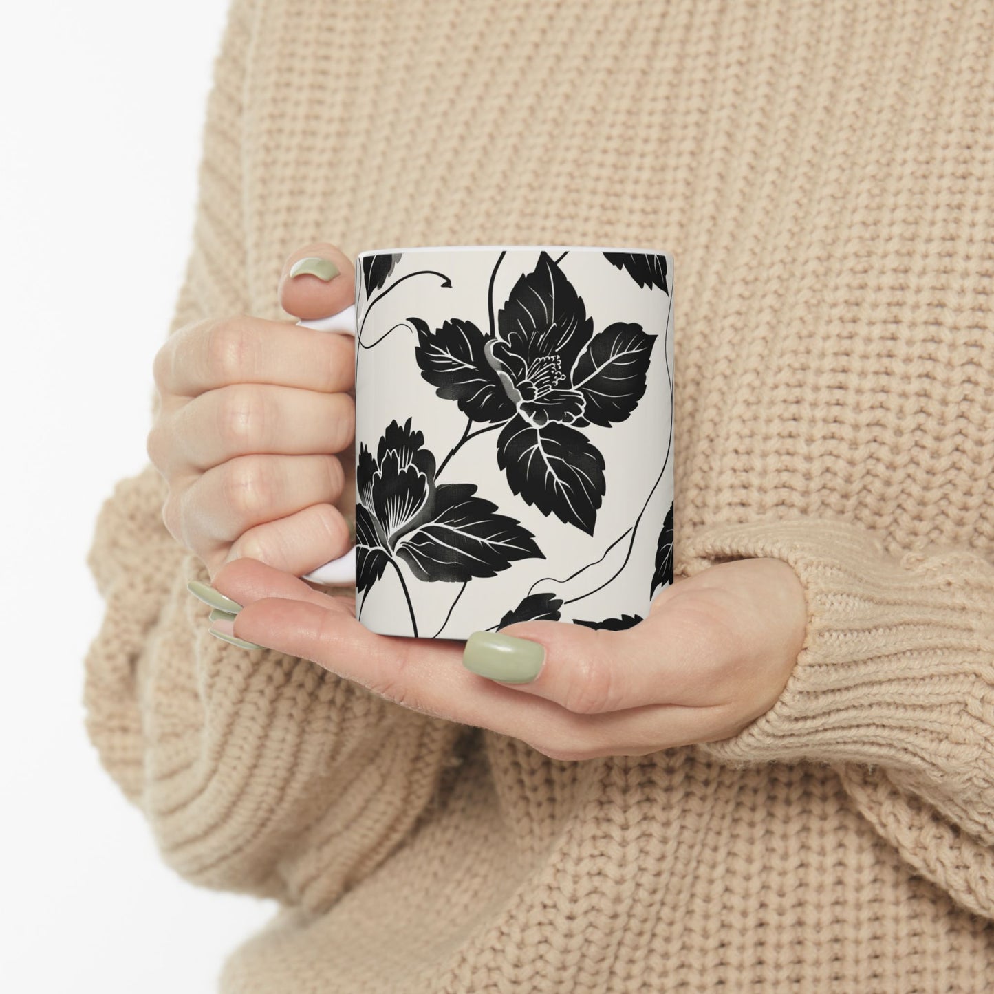 Black Floral Ceramic Mug — Monochrome Vintage Flower Coffee Cup (11oz & 15oz)