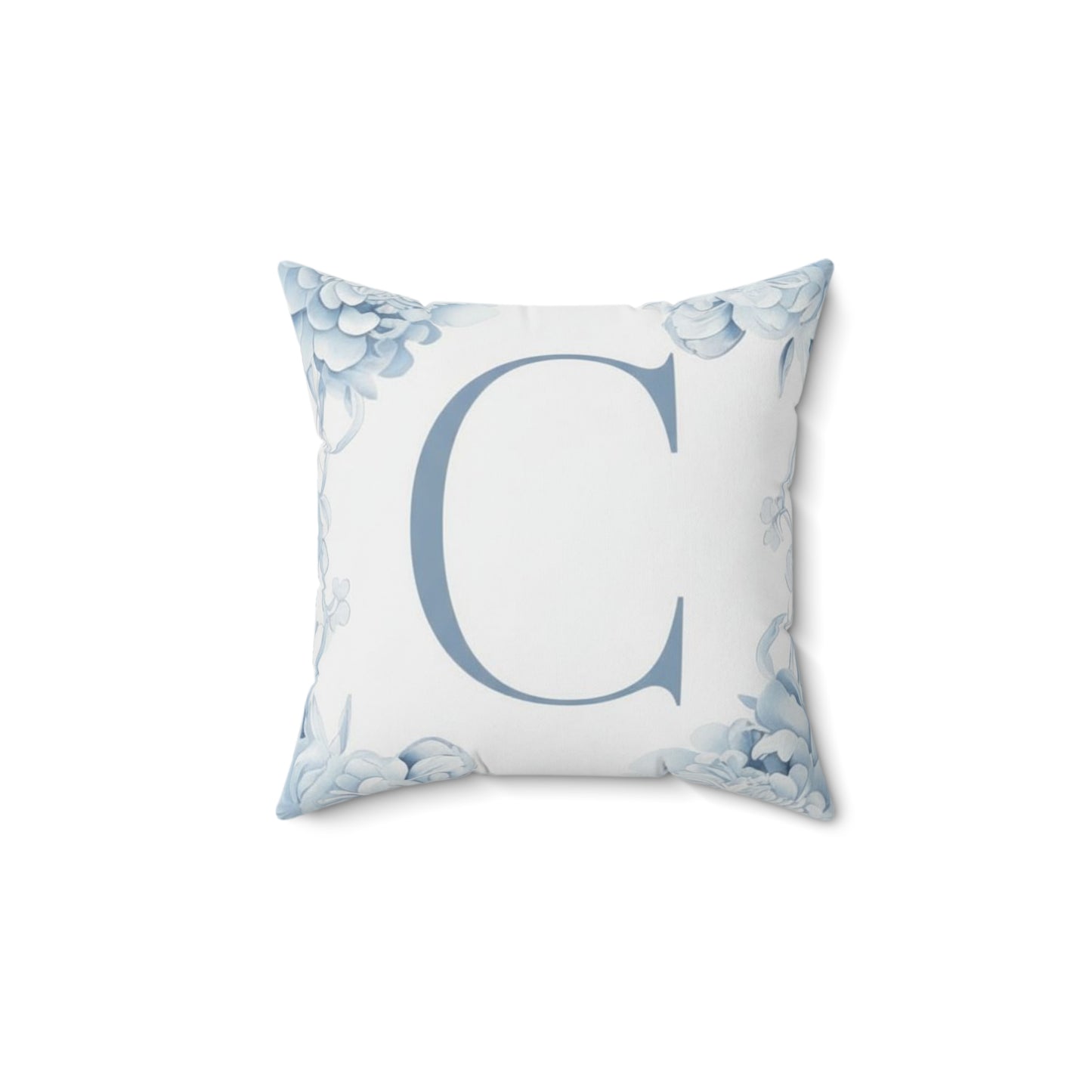 Monogram C Floral Pillow — Blue Initial Square Throw Pillow