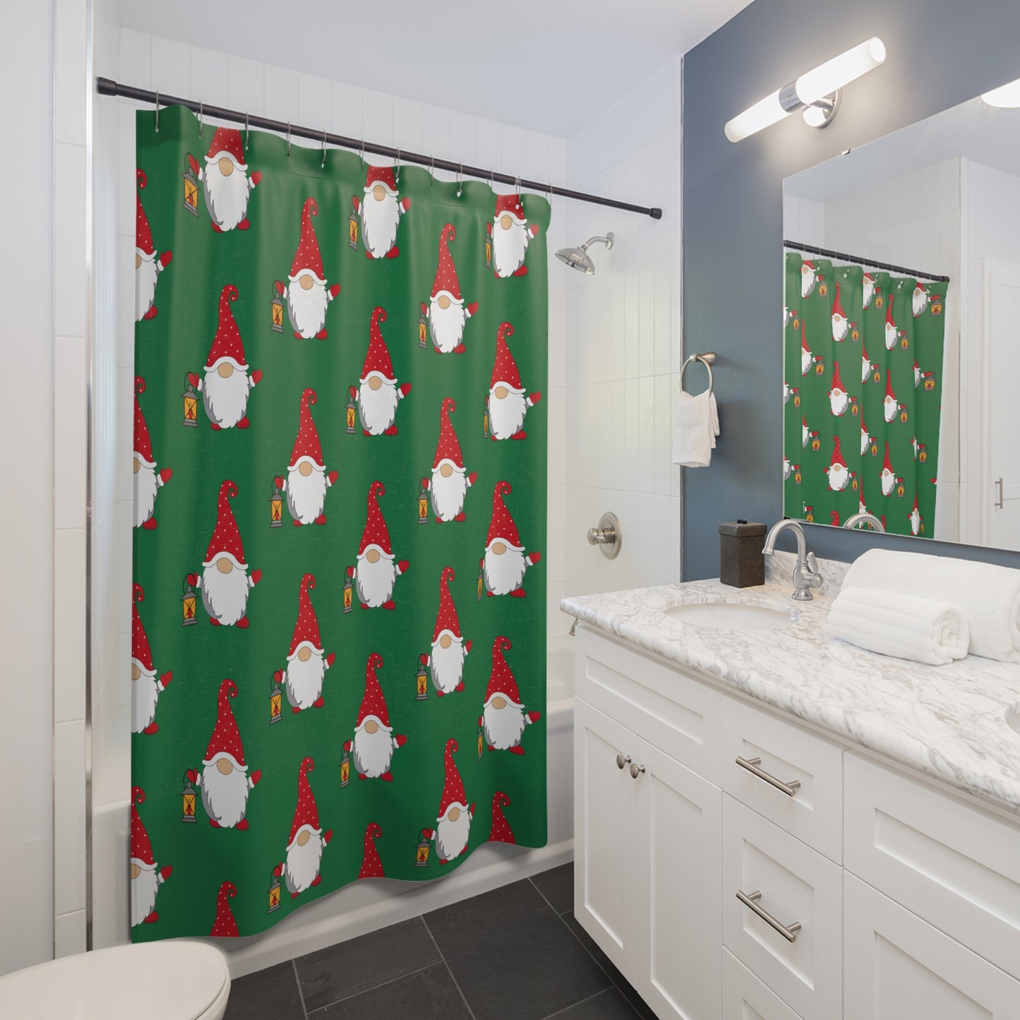 Christmas Gnome Shower Curtain — Festive Green Holiday Bathroom Decor