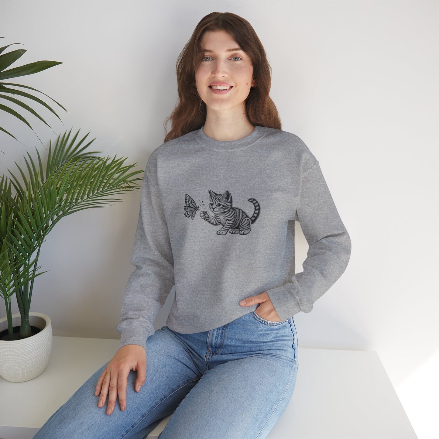 Kitten Butterfly Sweatshirt, Cozy Crewneck with Cat Art, Perfect Gift for Animal Lovers, Cute Sweatshirt for Relaxation & Everyday Wear