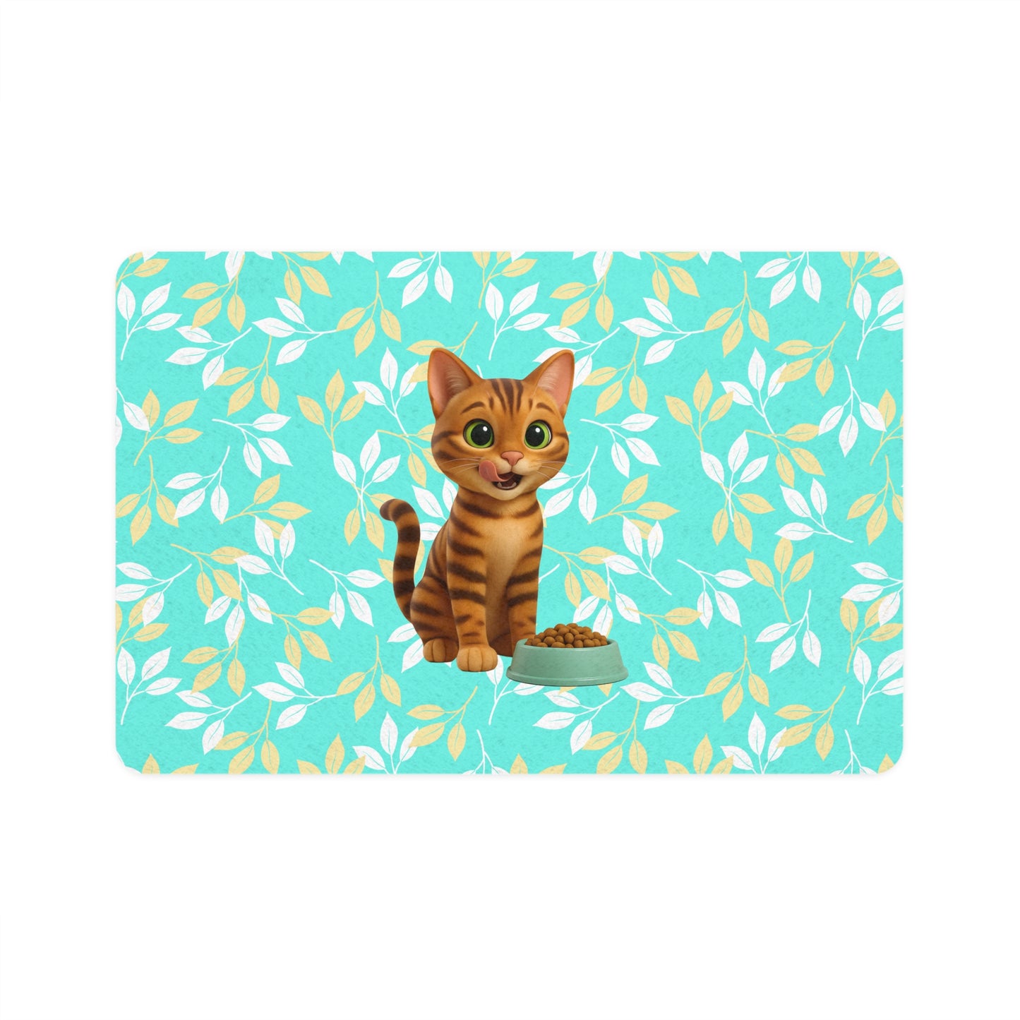 Cute Tabby Cat Pet Food Mat (12x18) — Non-Slip Feeding Placemat with Teal Leaf Pattern