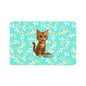 Cute Tabby Cat Pet Food Mat (12x18) — Non-Slip Feeding Placemat with Teal Leaf Pattern