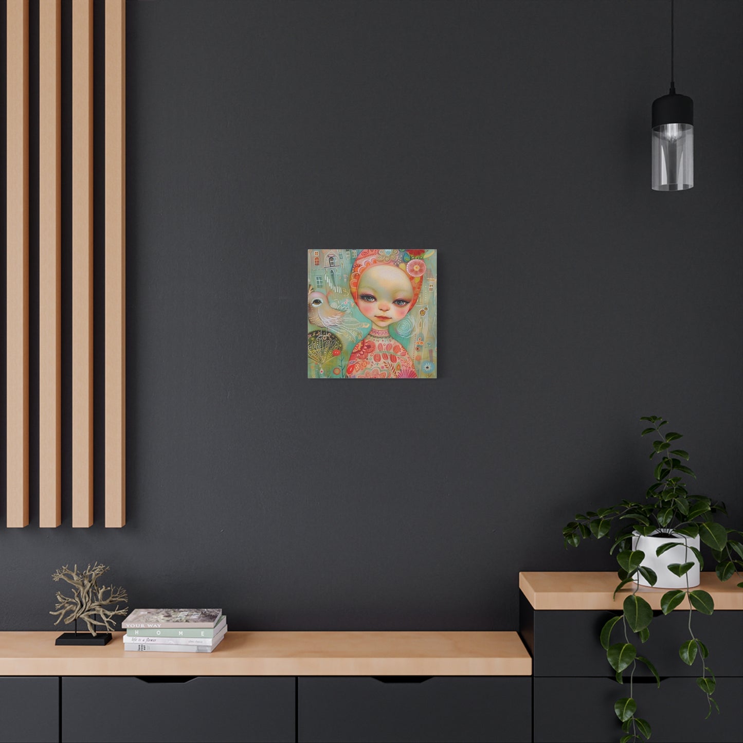 Whimsical Girl & Bird Matte Canvas Wall Art — Stretched Decorative Painting