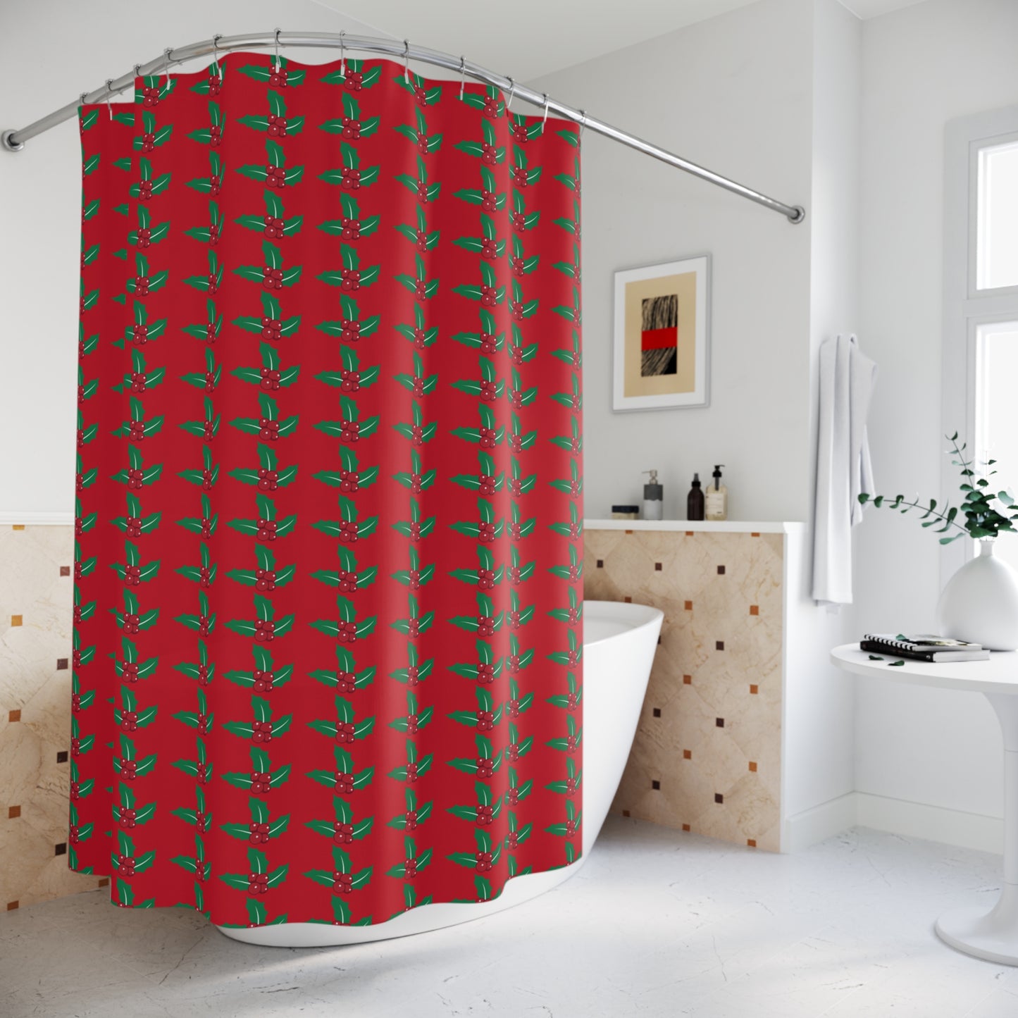 Festive Holly Shower Curtain - Holiday Bathroom Decor, Christmas Decor, Red Green Holiday Vibes, Botanical Design, Seasonal Gift