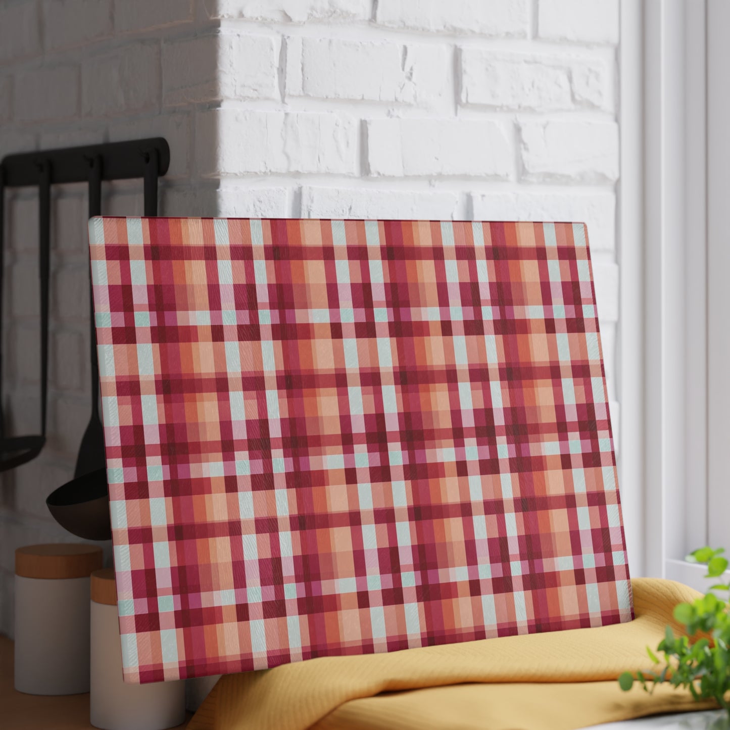 Plaid Glass Cutting Board – Warm Red & Peach Patterned Kitchen Board