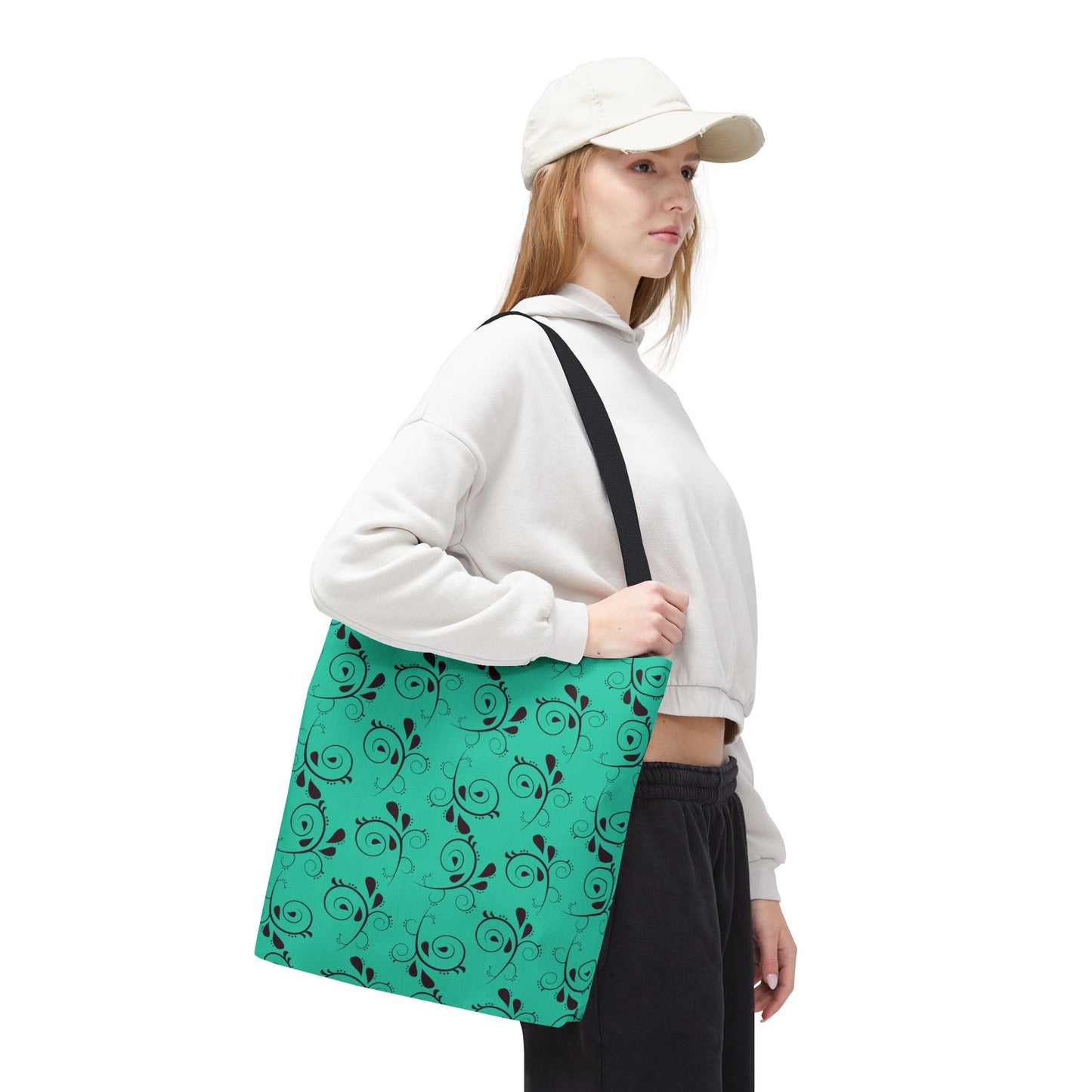 Turquoise Floral Swirl Tote Bag – All-Over Print Stylish Shopping Bag
