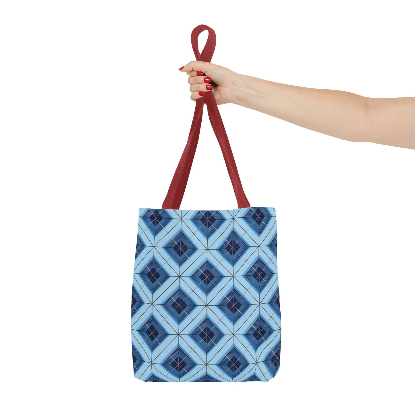 Blue Geometric Tote Bag — Repeating Diamond Pattern AOP